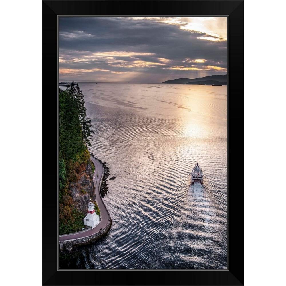 Boat in Burrard Inlet Cloudy Day Landscape Art Print - Black Framed Wall Decor for Living Room, Office & Bedroom