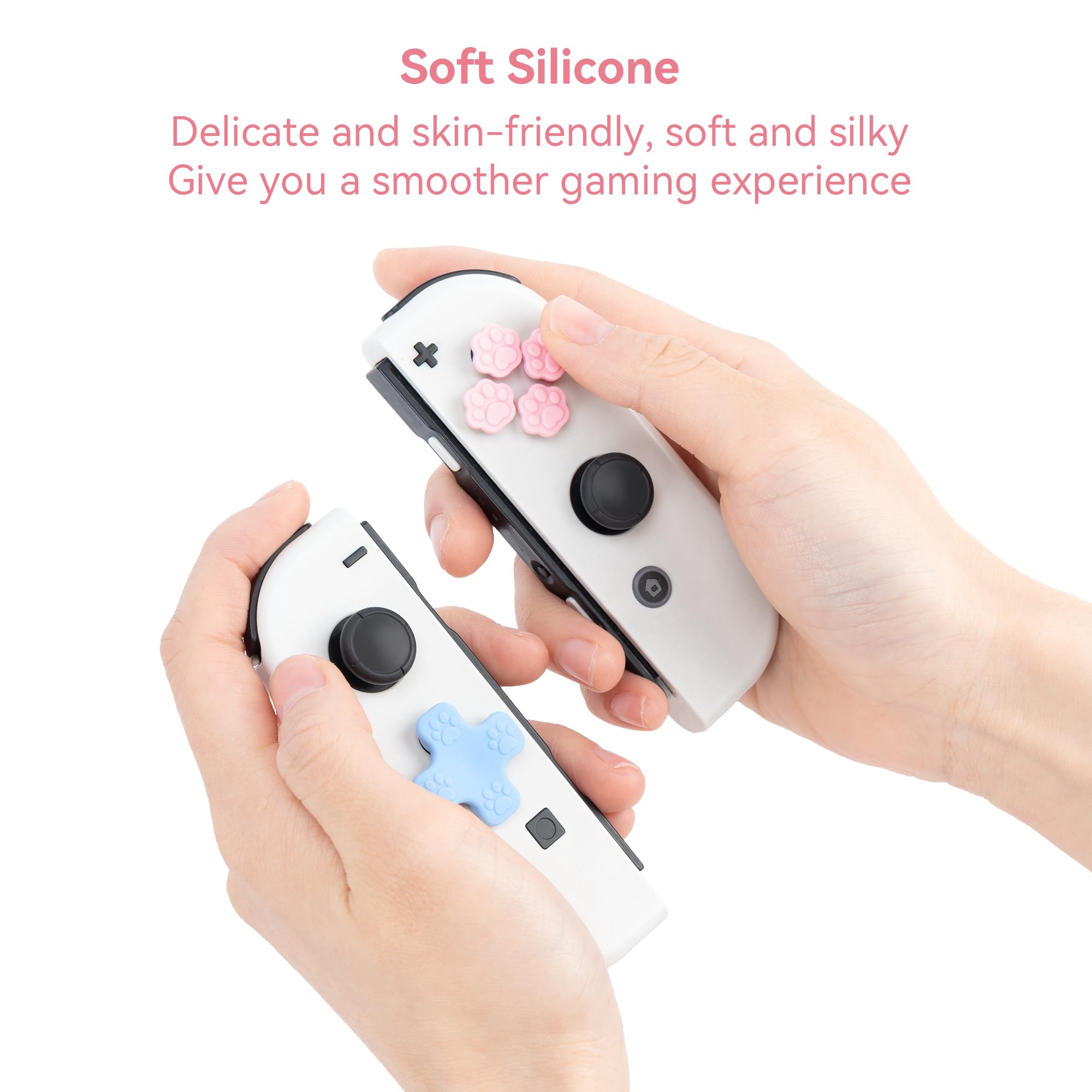 GeekShare Silicone ABXY Button Stickers, Cross D-Pad Keycaps Set, Cat Paw Joystick Cover - Compatible with Nintendo Switch/OLED Joy-Con - Pink & Blue - Gaming Accessories for Enhanced Comfort & Style
