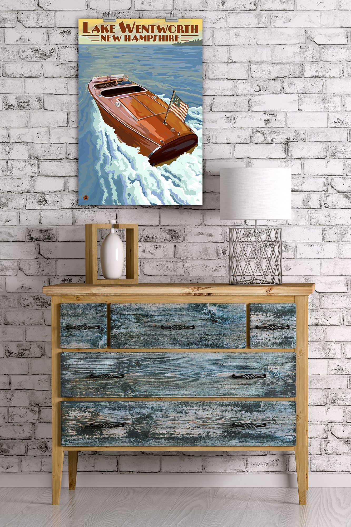 Lantern Press 16x24 Inch Giclee Art Print - Lake Wentworth New Hampshire Landscape with Wooden Boat | Wall Decor for Living Room, Bedroom & Office