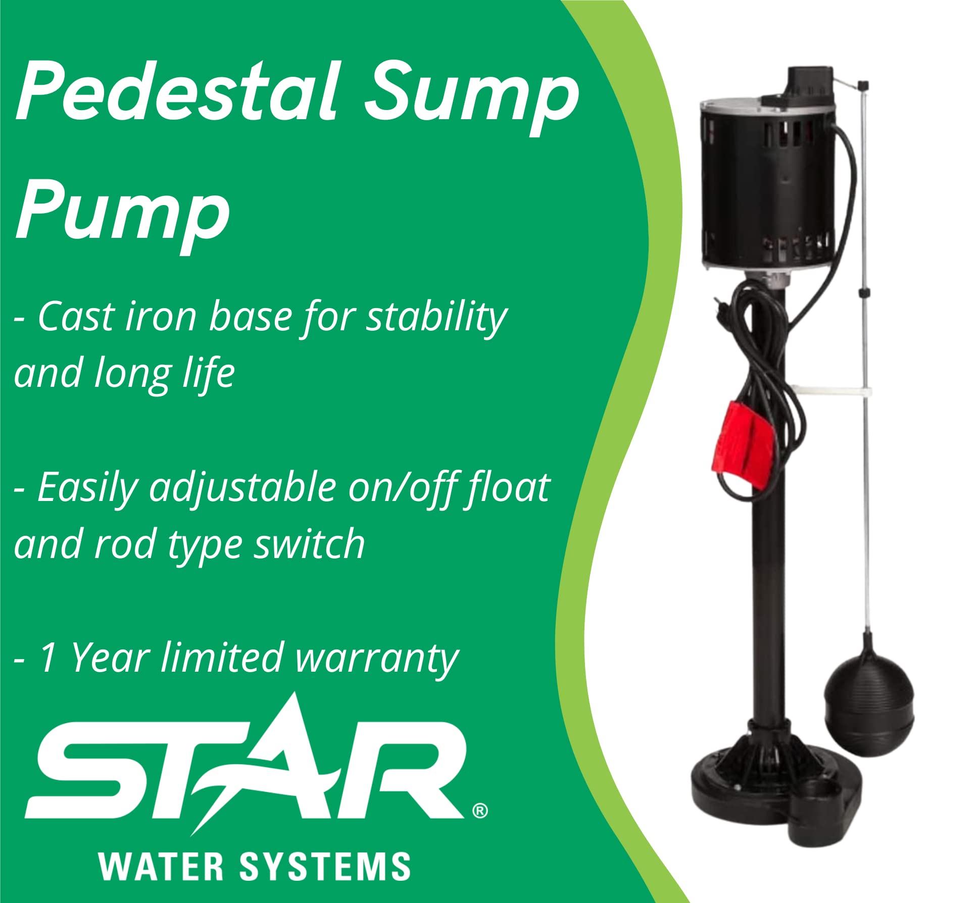 1/2 HP Cast Iron Pedestal Sump Pump with Adjustable Float Switch - 65 GPM, Low Profile Design for Basement & Crawl Space Water Removal - Heavy Duty Column Pump for Home Flood Prevention (7.3 Amps)