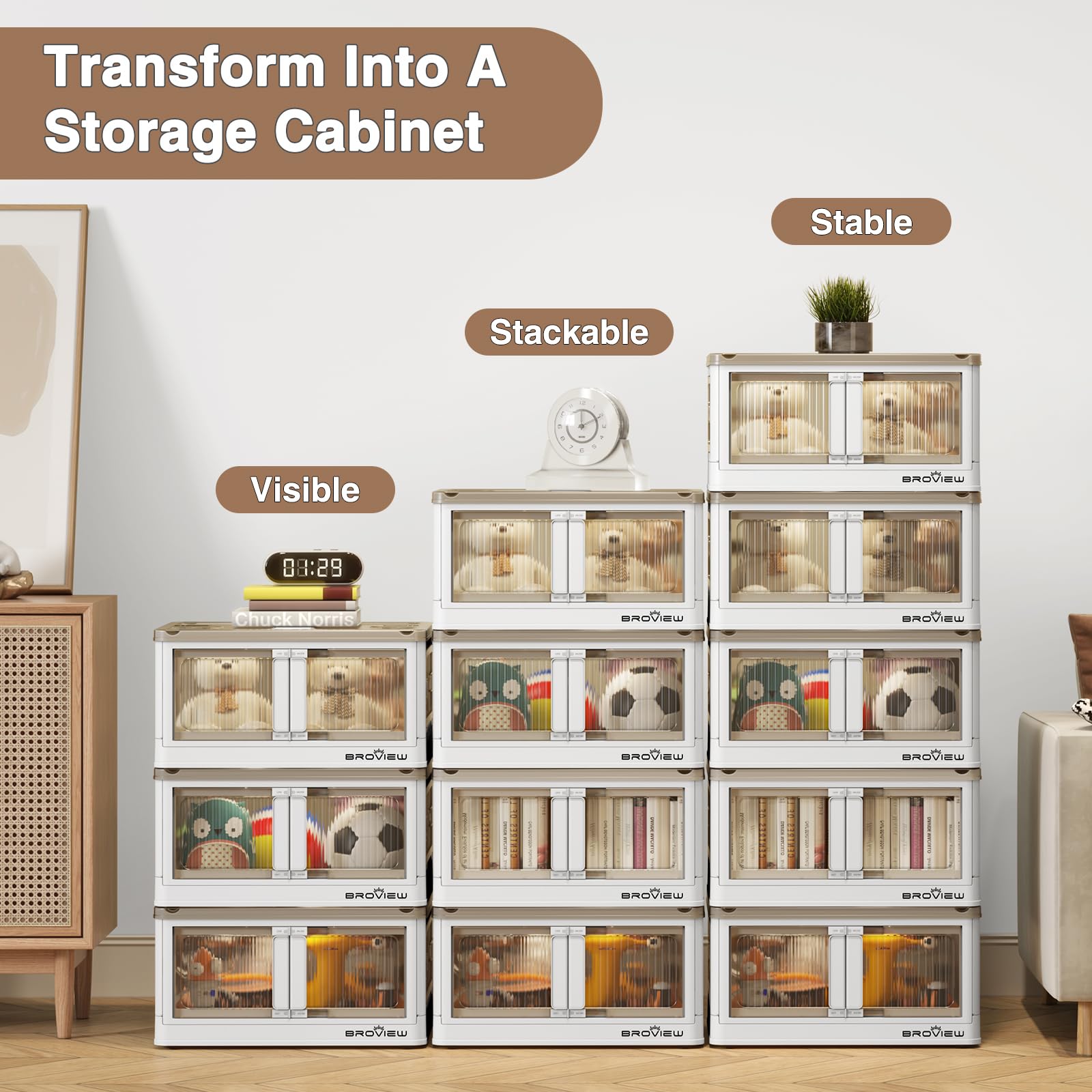 V5 25 Gallon Plastic Storage Bins with Lids - 3 Pack Stackable Collapsible Storage Containers for Closet Organization, Folding Drawers with Wheels & Doors - Perfect for Home, Office, Garage & Closet Storage (White)