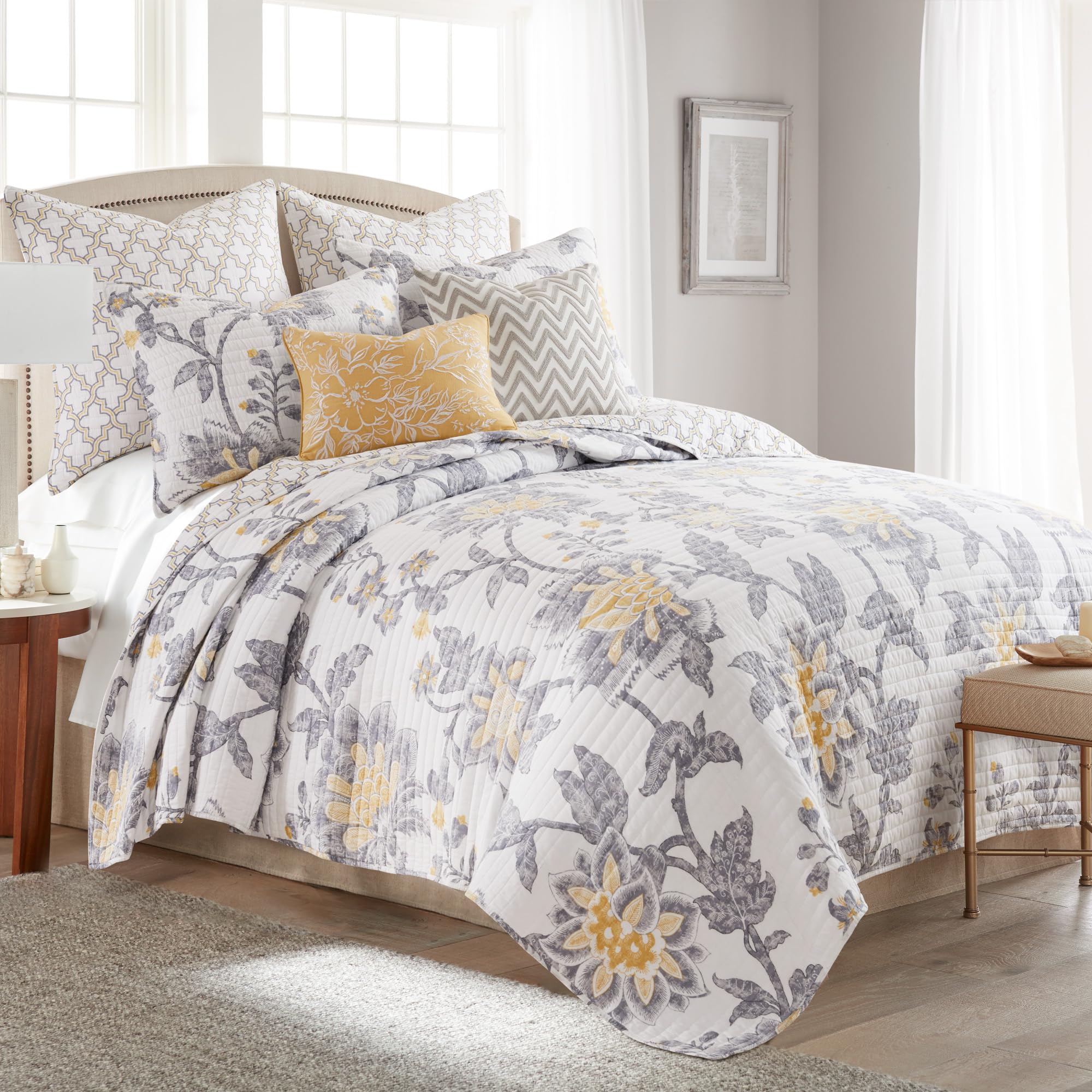 Levtex Home Reverie Quilt Set - Full/Queen Size Reversible Cotton Quilt (88x92in) with 2 Standard Pillow Shams (26x20in) - Floral Pattern in Yellow, Grey & White - Soft Bedding for Cozy Bedroom Decor & Guest Room Essentials