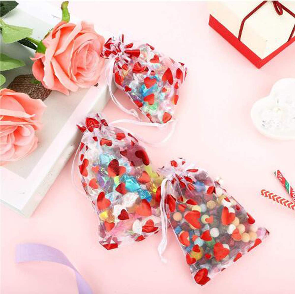 100 Pcs 5x7 Inch Red Heart Organza Gift Bags - Wedding Favors, Baby Shower Party Supplies, Jewelry Pouches & Gift Wrapping - Perfect for Valentine's Day, Anniversary Gifts & Bridal Accessories