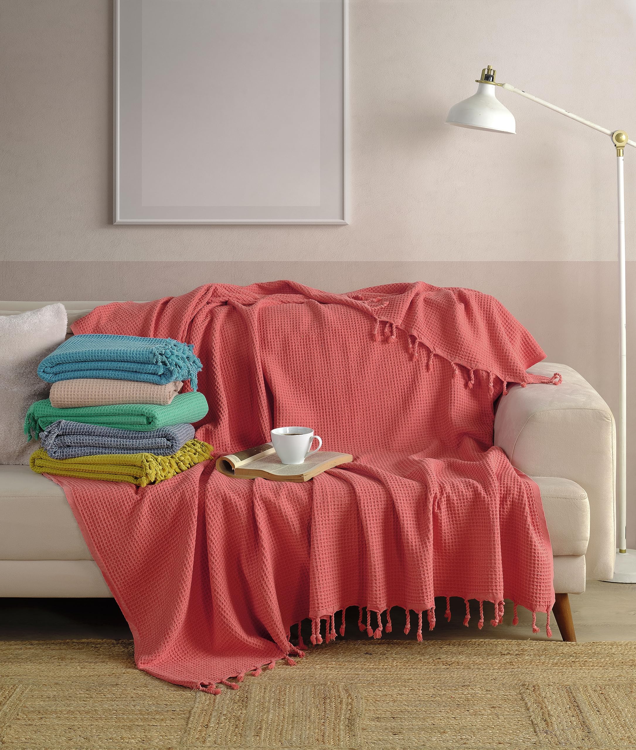 Premium 100% Turkish Cotton Waffle Weave Blanket - Twin Size Lightweight Throw & Bedspread for All Seasons | Breathable Summer Blanket, Sofa Cover, Guest Bedding (Coral, 67