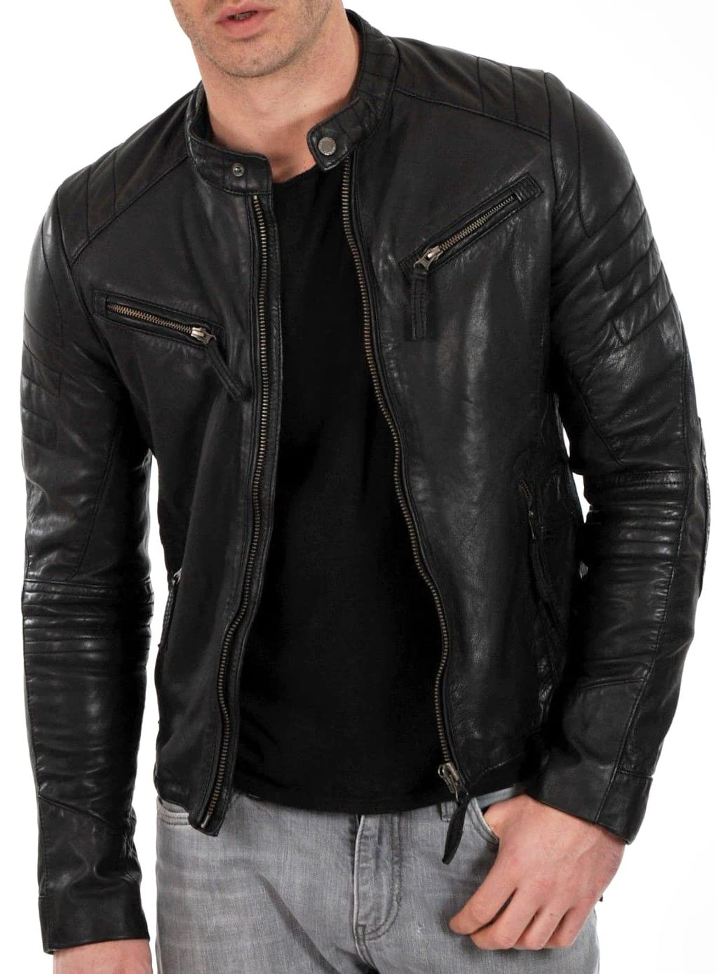 DECIMAL Men's Black & Brown Genuine Lambskin Leather Biker Jacket - Vintage Motorcycle Jacket for Men - Perfect for Riding, Casual Wear & Outdoor Adventures