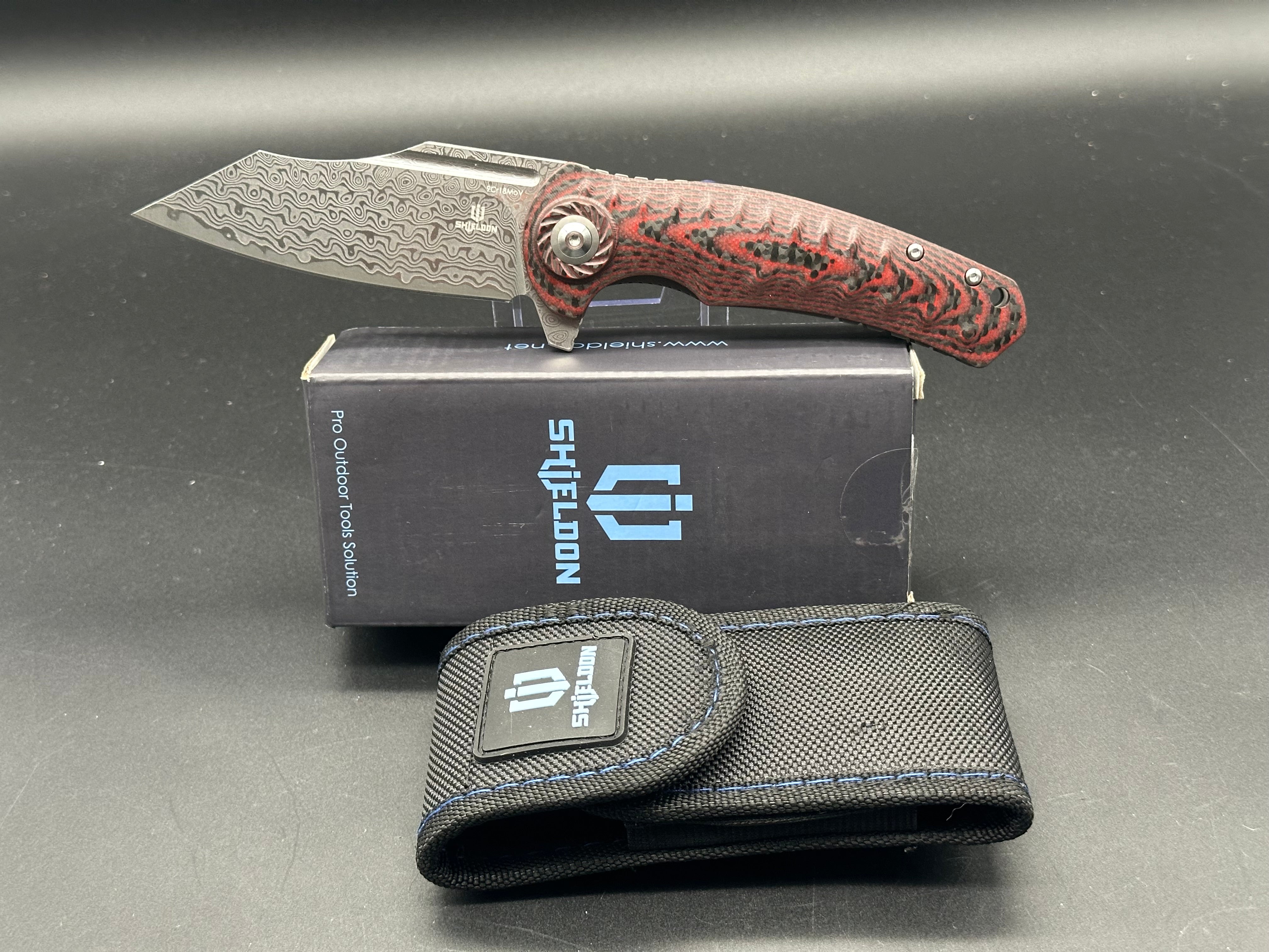 SHIELDON Tranchodon Folding Knife - Red Carbon Fiber & G10 Handle, Reverse Tanto Damascus Blade - EDC, Outdoor Camping, Hunting Survival Tool