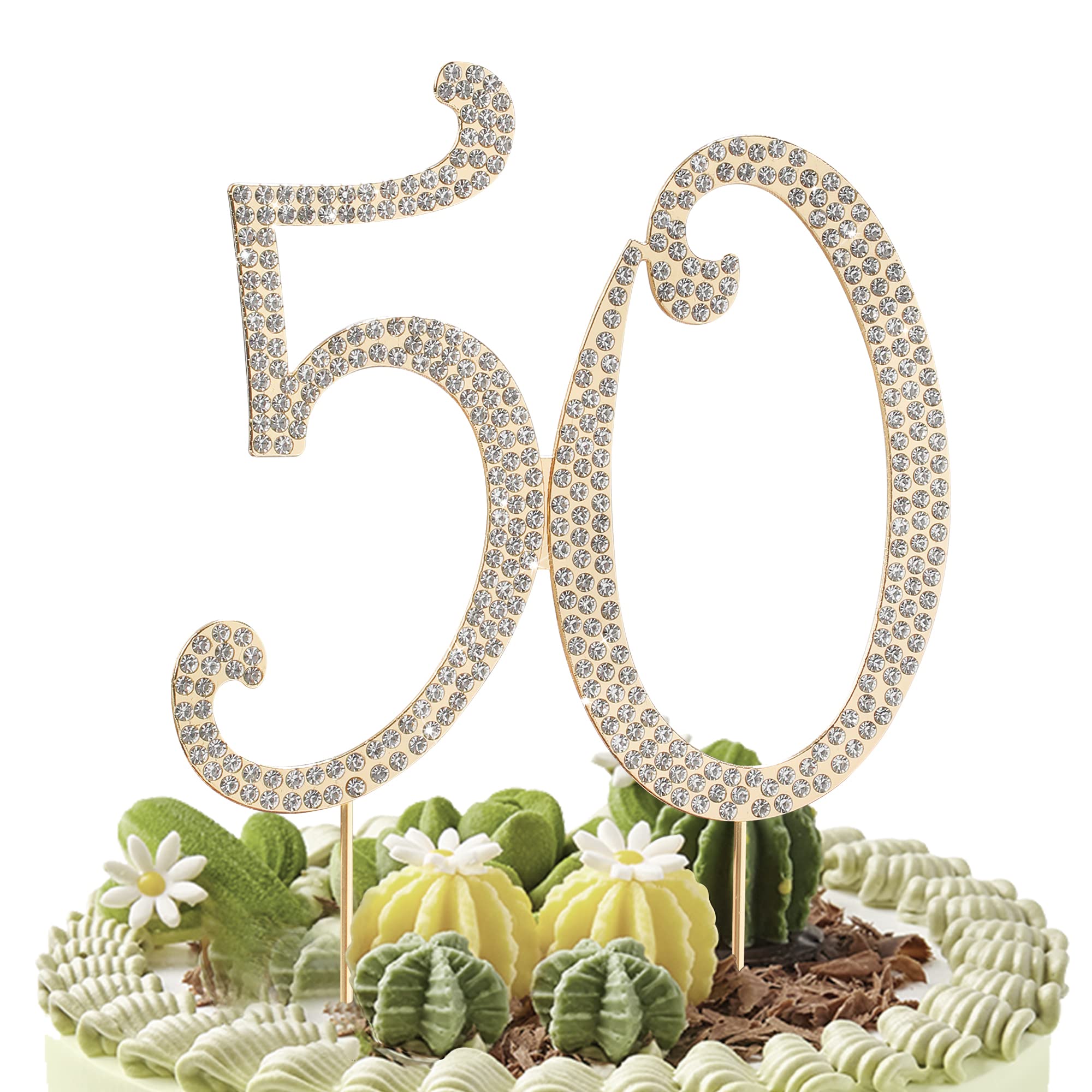 50th Birthday Cake Topper - Gold Glitter Rhinestone Cake Decorations for Anniversary Party, Wedding, Retirement Celebration - Elegant Cake Topper for Special Occasions