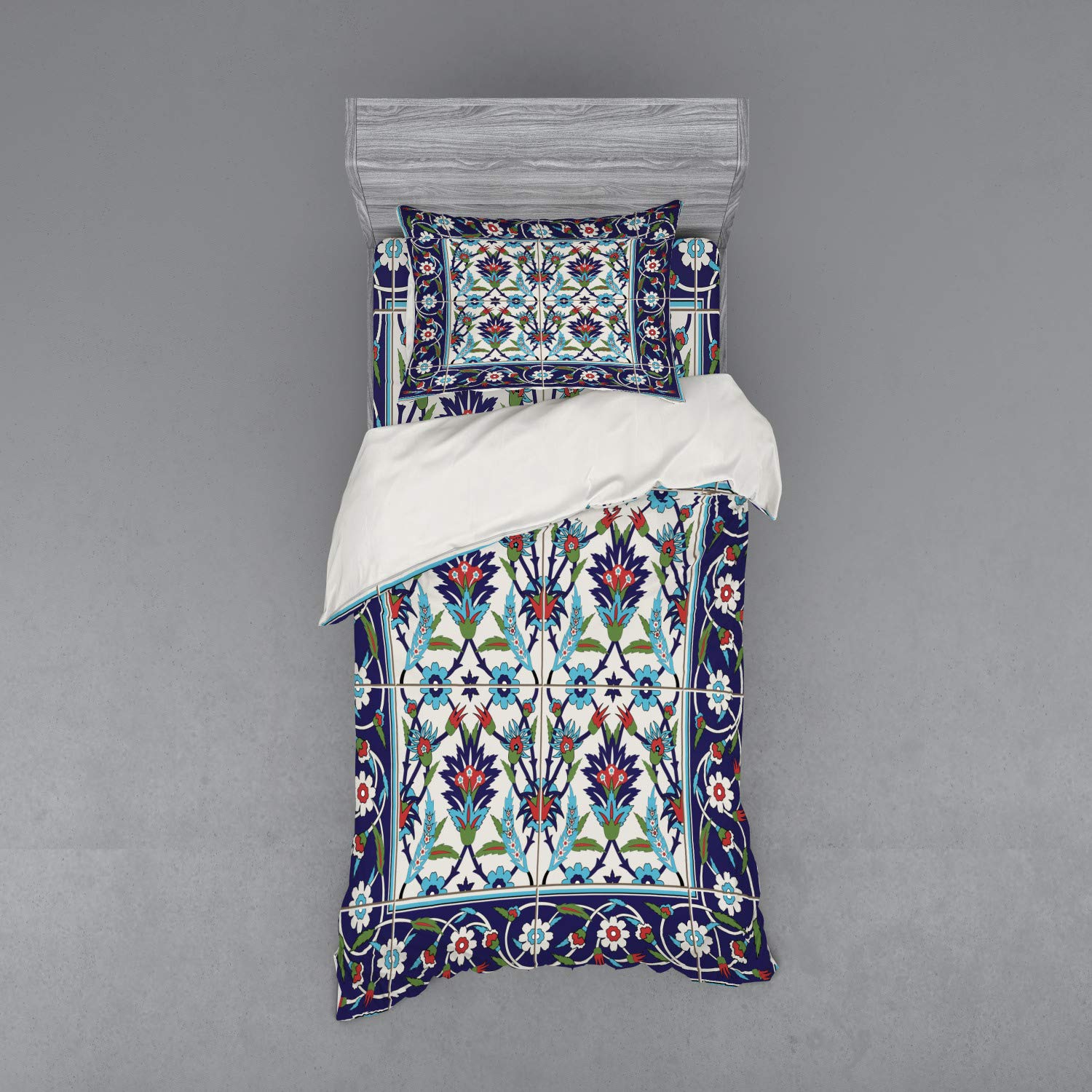 Ambesonne Turkish Pattern Duvet Cover Set - Mosaic Tiles with Nature Inspired Tulips & Daisies Design, 3-Piece Bedding Set with Pillow Sham & Fitted Sheet, Twin XL Size, Multicolor - Perfect for Bohemian & Eclectic Bedroom Decor