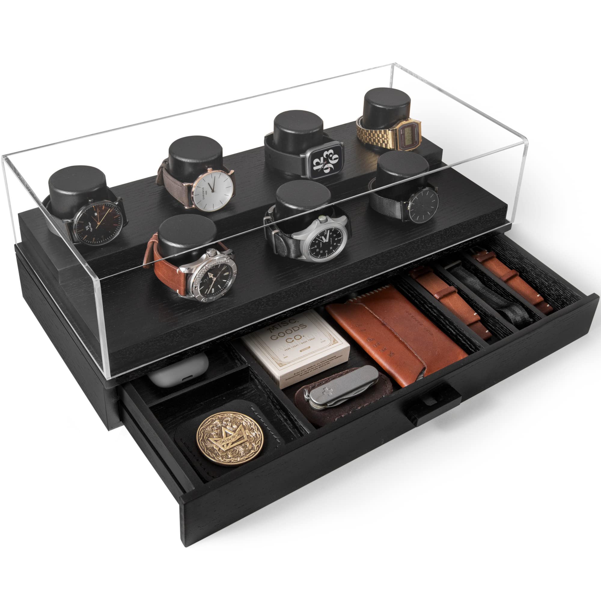 Premium Black Wooden Watch Display Case - 2-Tier Watch Box Organizer with Drawer for Men's Watch Collection Storage | Perfect for Home, Office & Travel Watch Organization