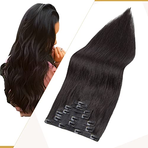 Benehair 16 Inch Seamless Clip-in Human Hair Extensions - Jet Black PU Skin Weft, 7pcs 115g Silky Straight Natural Hair for Women | Perfect for Daily Wear, Parties & Special Occasions