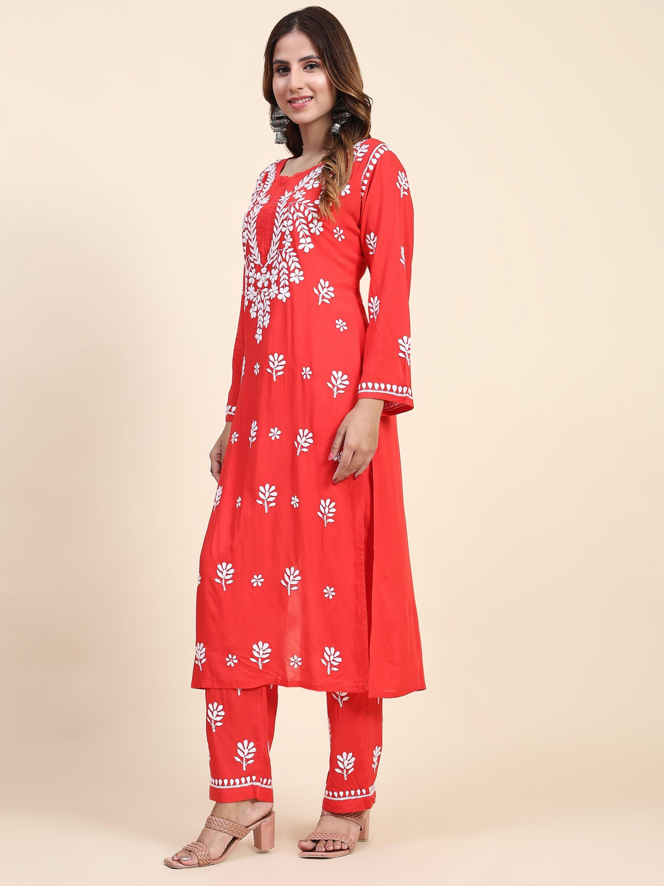 Himani Fizaa Chikankari Long Modal Kurta Set in Red - Elegant Indian Ethnic Wear for Women, Perfect for Festivals, Weddings & Special Occasions