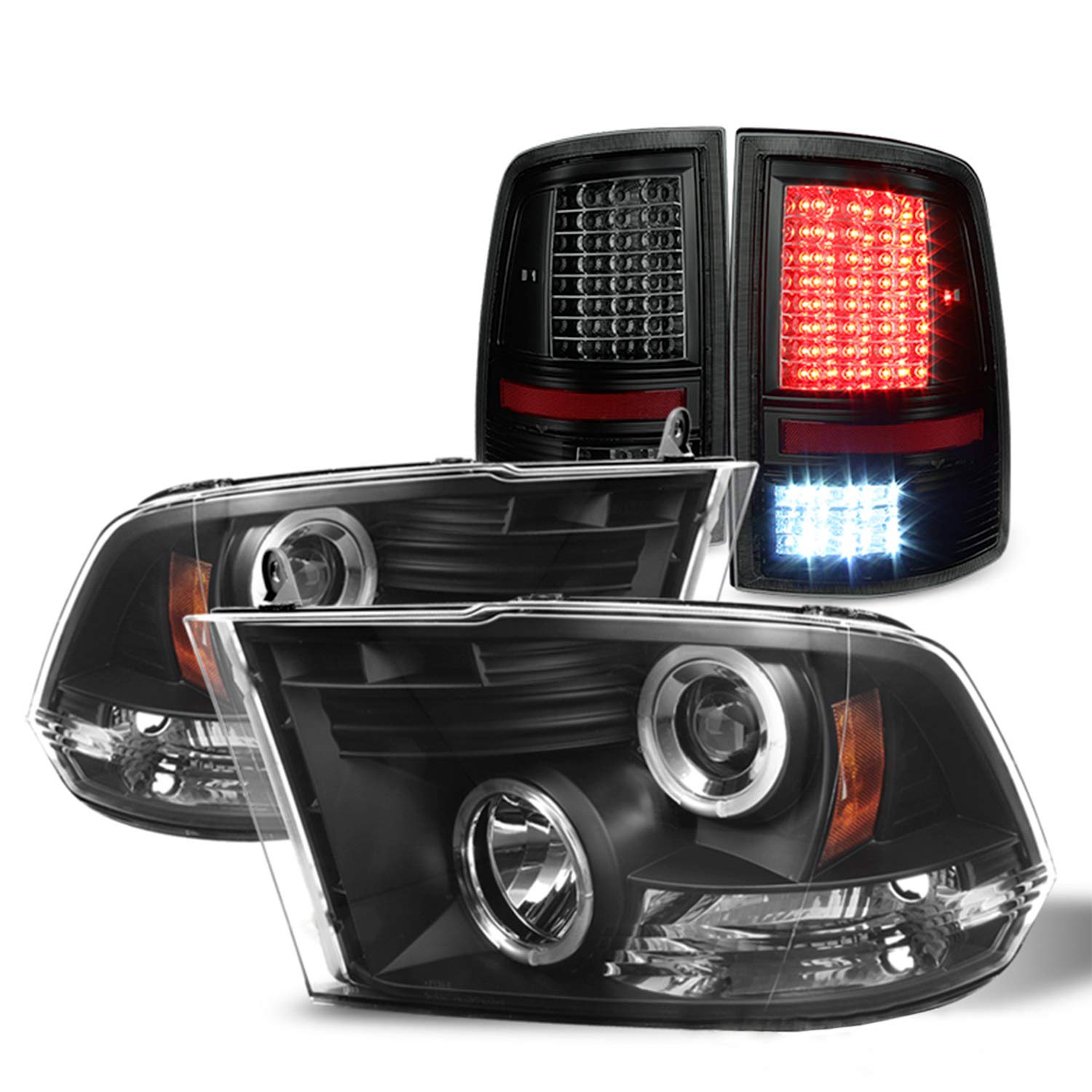 AKKON LED Headlight Housing & Smoke Tail Lights Compatible with 2009-2018 Ram Trucks - Dual Halo DRL Projector Black Housing for Improved Visibility & Style - Perfect for Night Driving, Off-Roading & Custom Truck Upgrades