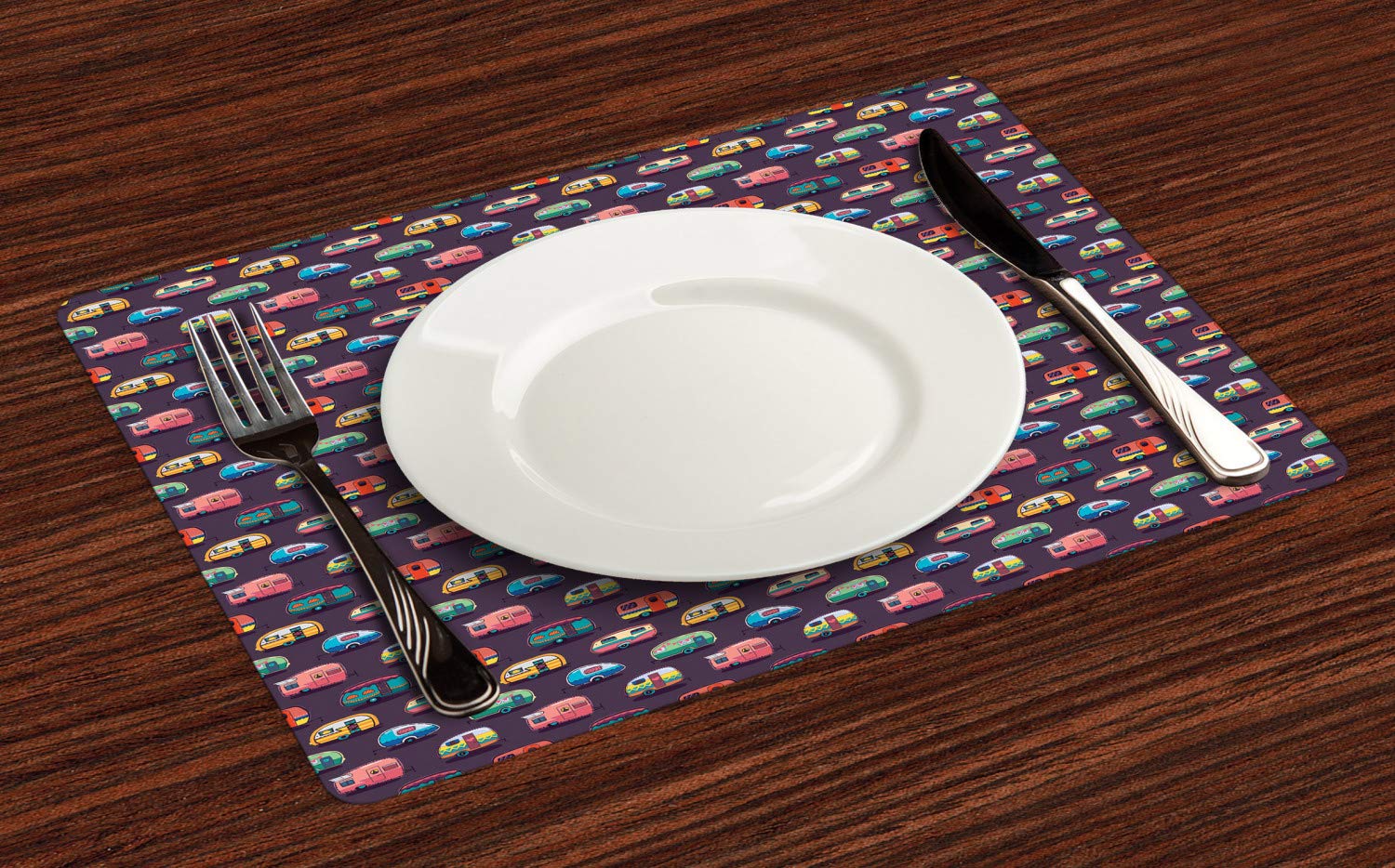 Ambesonne Happy Camper Placemats Set of 4 - Retro Travel Themed Washable Fabric Place Mats with Colorful Vans Design for Dining Room & Kitchen Table Decor - Perfect for Camping Enthusiasts, Picnics, and Outdoor-Themed Parties