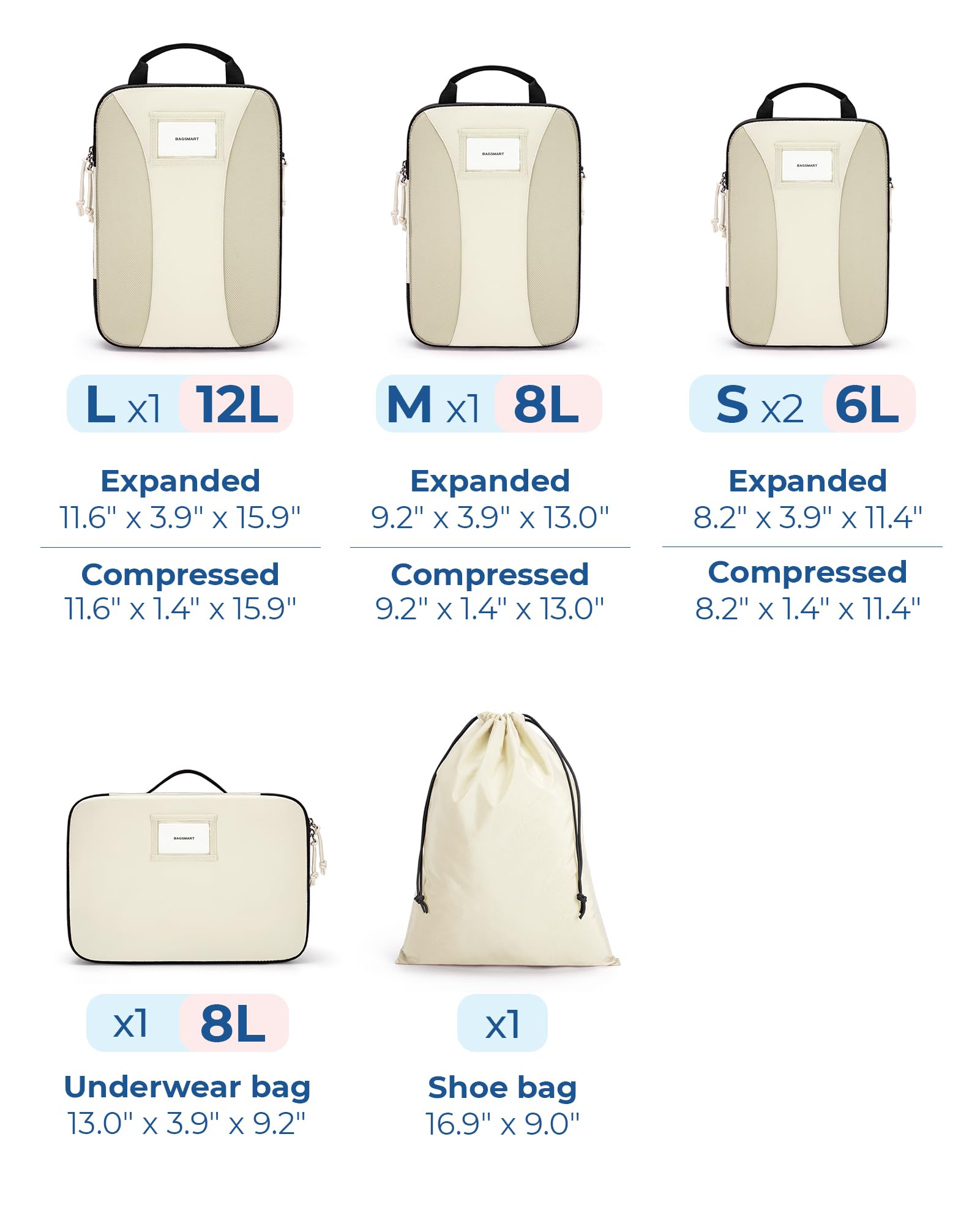 BAGSMART 6-Piece Compression Packing Cubes Set - Lightweight Travel Organizer for Suitcases & Luggage - Perfect for Business Trips, Vacations & Weekend Getaways