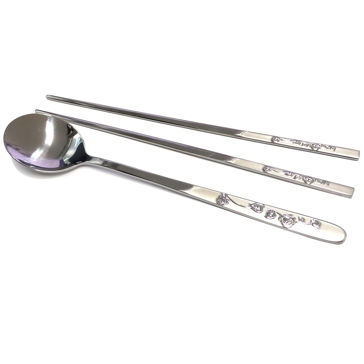 SUPIA Korean Traditional Stainless Steel Cutlery Set - Reusable Long Handle Spoons & Chopsticks for Dining, Gift, or Home Decor (Silver Rose)
