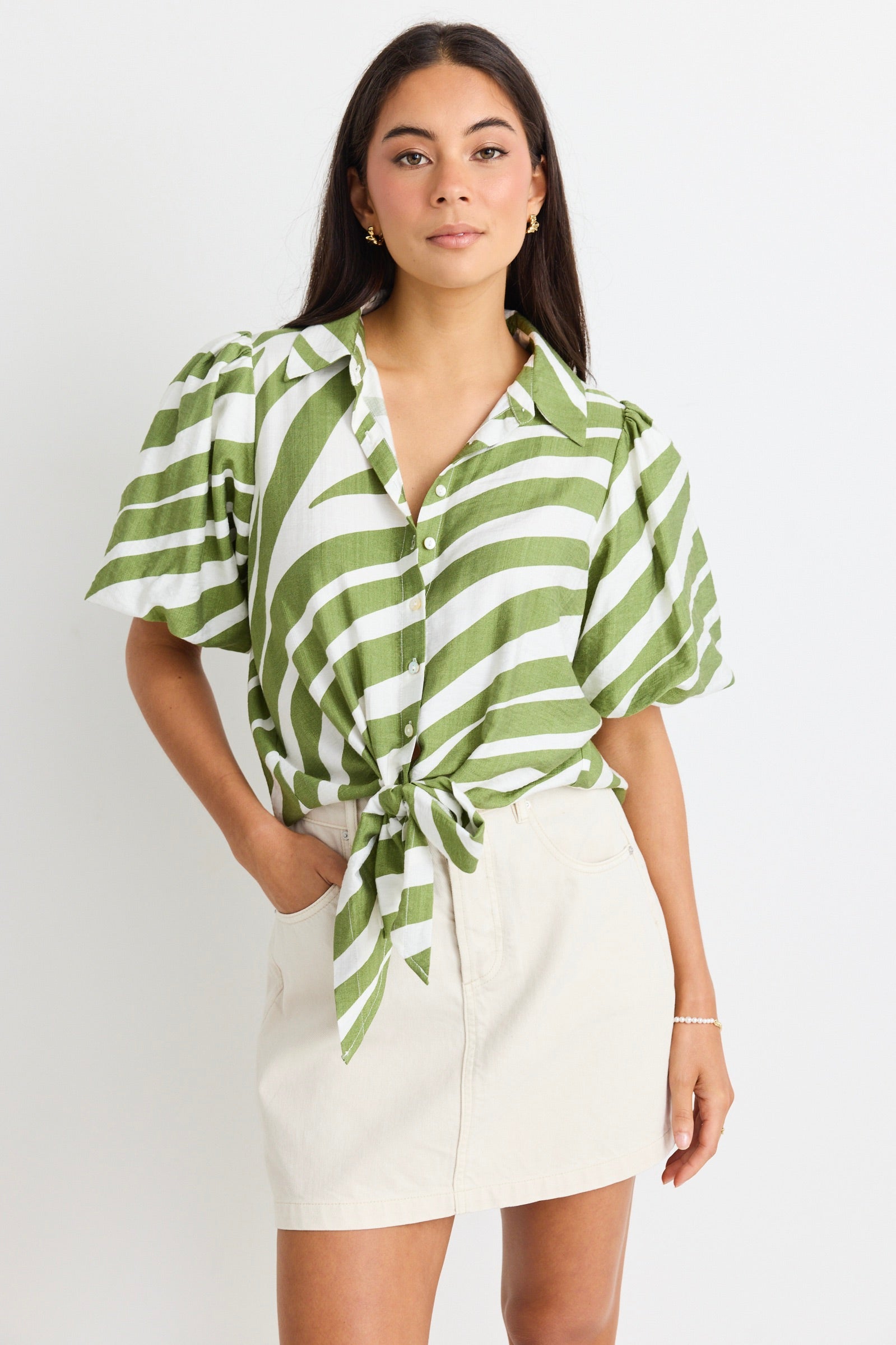 Stylish Green Zebra Print Tie Front Short Sleeve Shirt for Women - Perfect for Summer Outfits, Casual Wear & Office Fashion