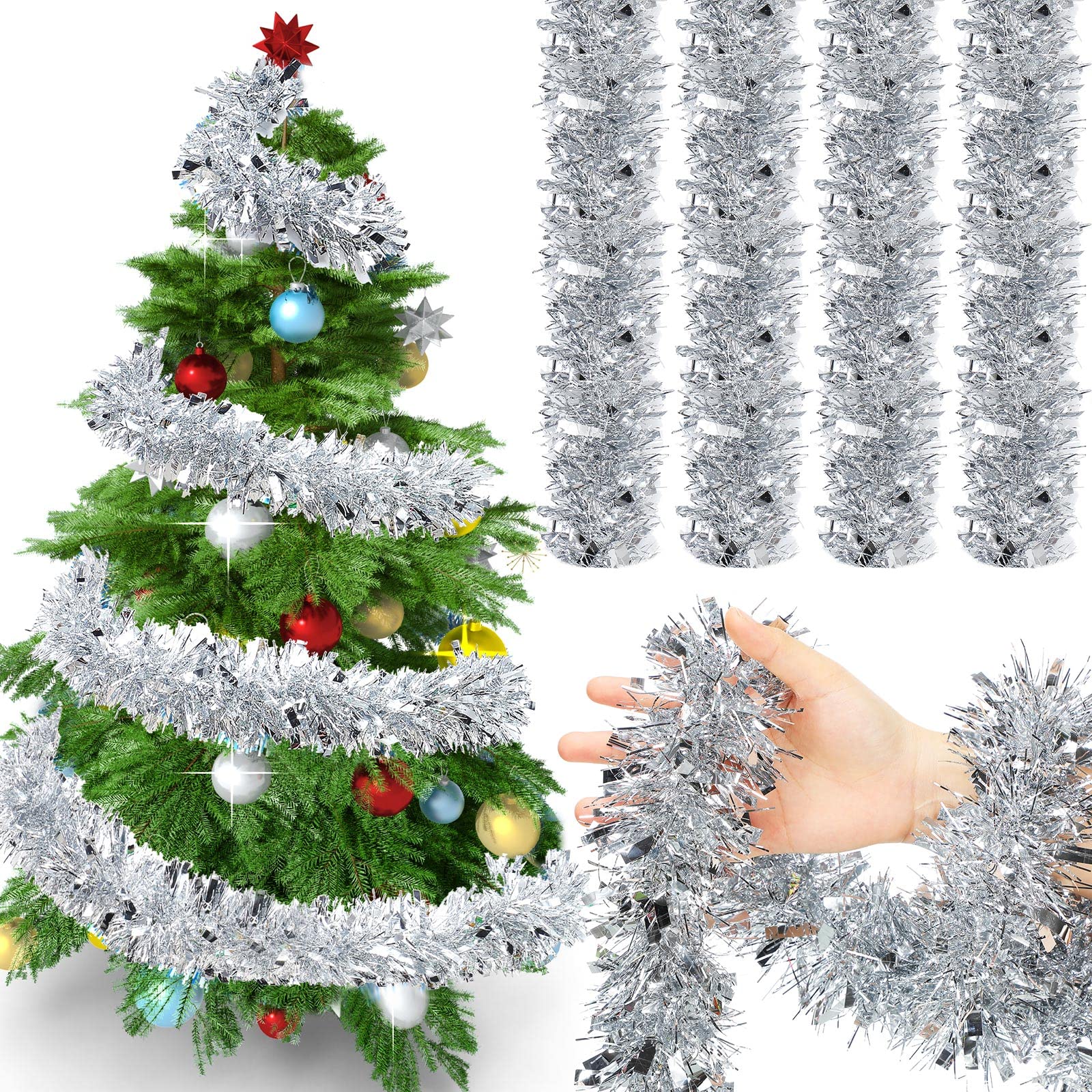 72 Feet Christmas Tinsel Garland - Shiny Metallic Twist Garland Streamers for Tree Decorations | Long Glitter Hanging Decor for Holiday Party, Wedding, Birthday | Wall & Rail Decor (Silver) - Perfect for Christmas Tree, Home, Office & Festive Events