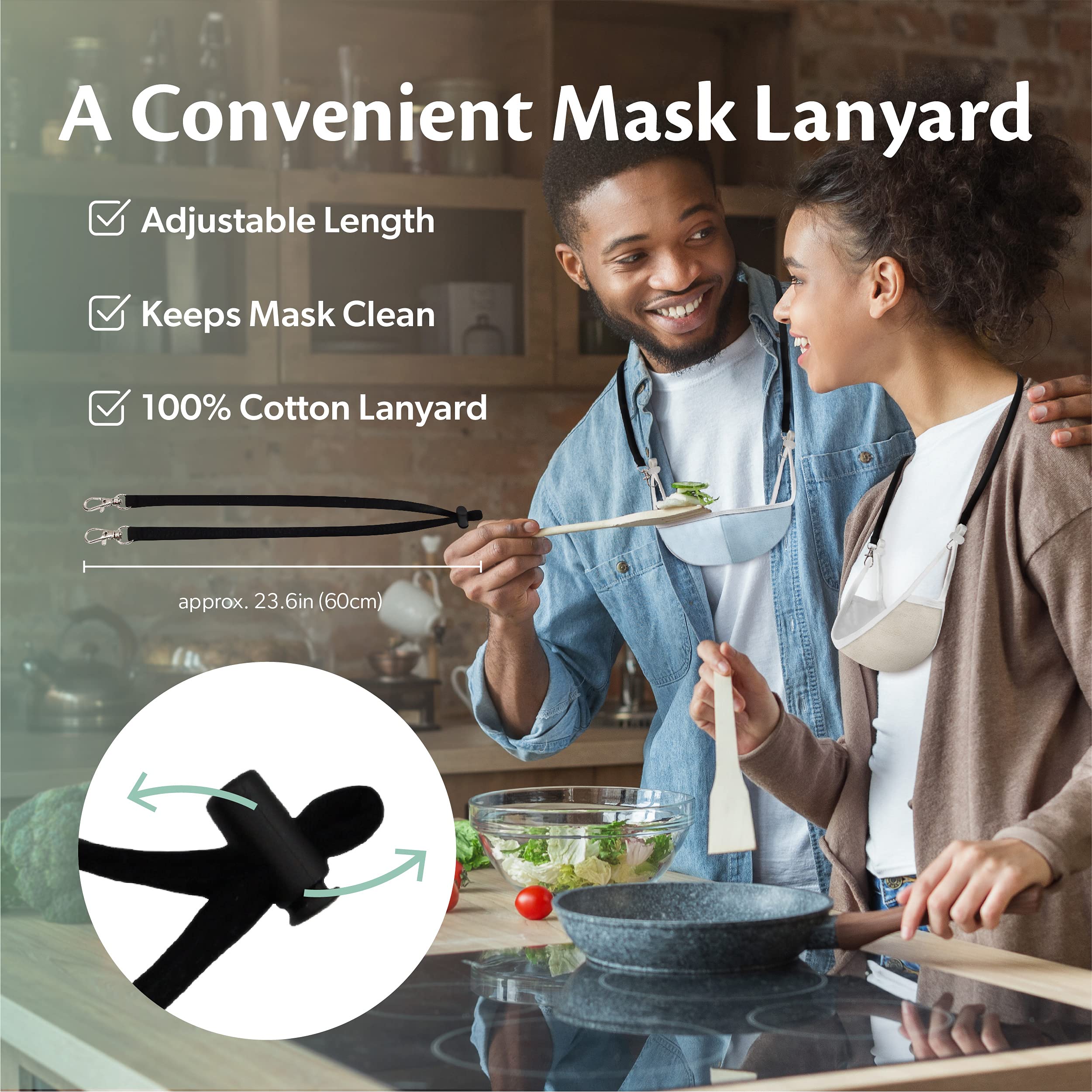 AVO Handmade 3-Pack 100% Organic Cotton Reusable Face Masks with Lanyard - Breathable, Washable Black Masks for Adults | Perfect for Travel, Work & Daily Protection