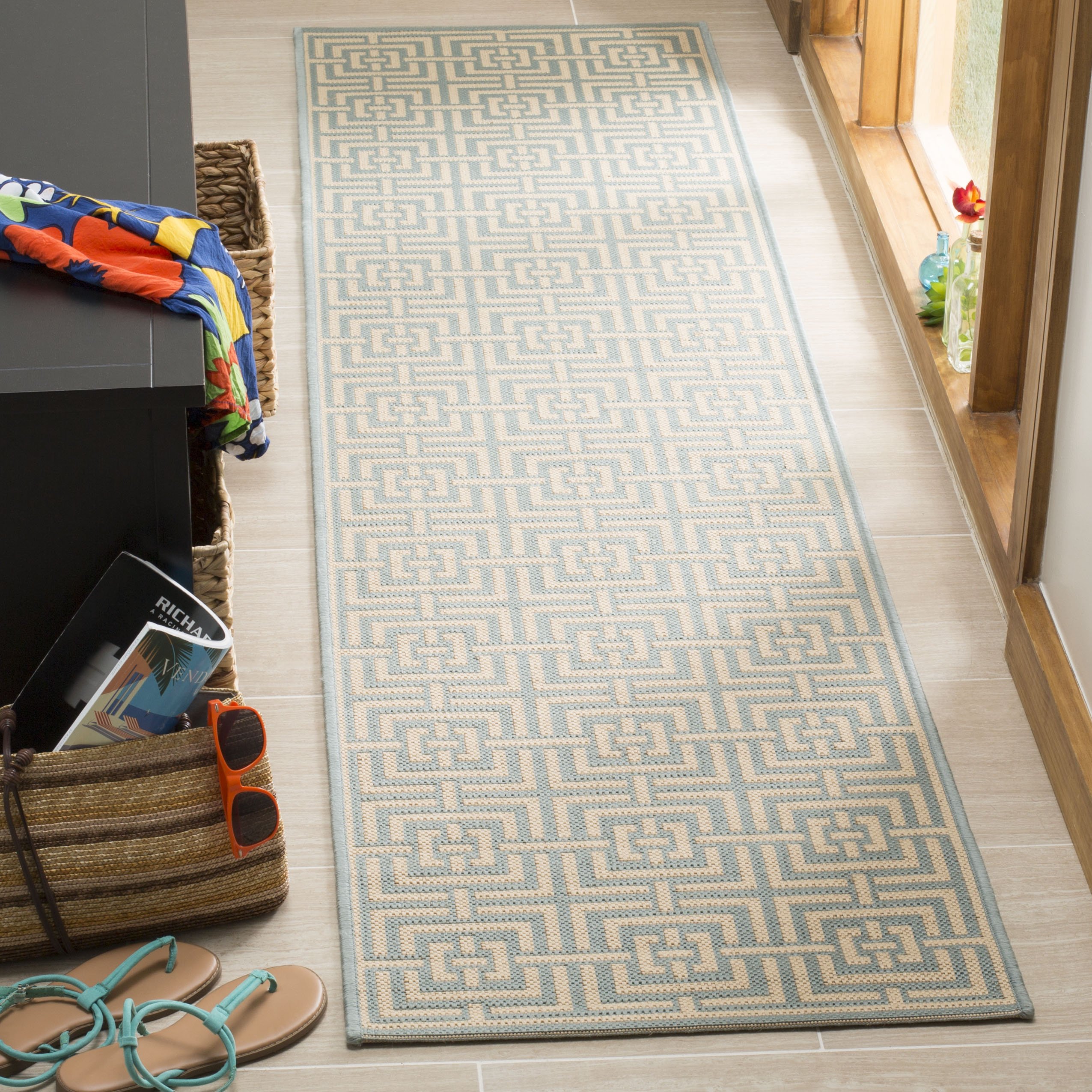 SAFAVIEH Linden Collection 2'2' x 8' Geometric Indoor/Outdoor Rug - Aqua & Cream Non-Shedding Easy-Clean Runner for Patio, Backyard, Porch, Deck & Mudroom | Perfect for High-Traffic Areas & Outdoor Entertaining