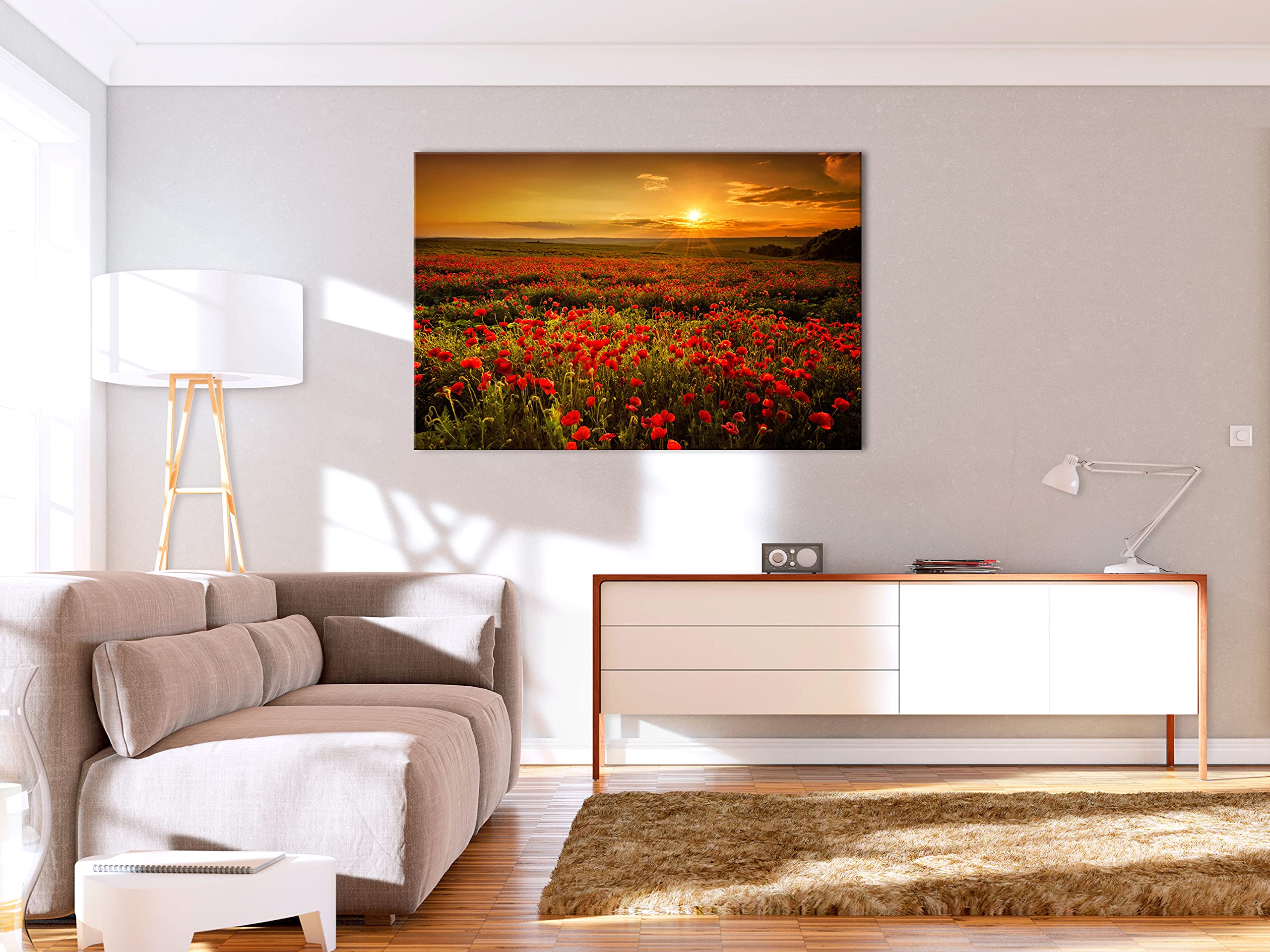 Artgeist Acoustic Canvas Wall Art Print - 35x24 Inch Poppies Field Landscape Painting with Sound Absorbing Foam | Nature Meadow Sunset Decor for Living Room, Bedroom & Home Theater Soundproofing | Premium Acoustic Artwork c-B-0639-b-a