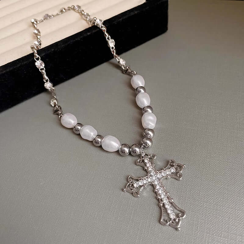Chunky Silver Cross Necklace with Pearl Accents - Punk Style Jewelry for Women | HN2479 | Perfect for Gothic Fashion, Layering & Everyday Wear