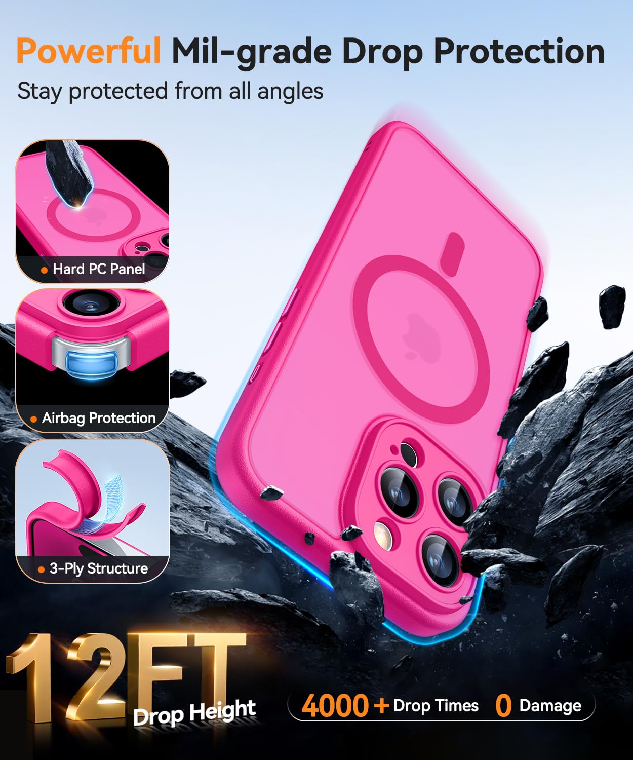 CANSHN Magnetic iPhone 16 Pro Case - Upgraded Full Camera Protection, Magsafe Compatible, Translucent Matte Shockproof Cover | Perfect for Daily Use, Travel & Outdoor Activities (Hot Pink)
