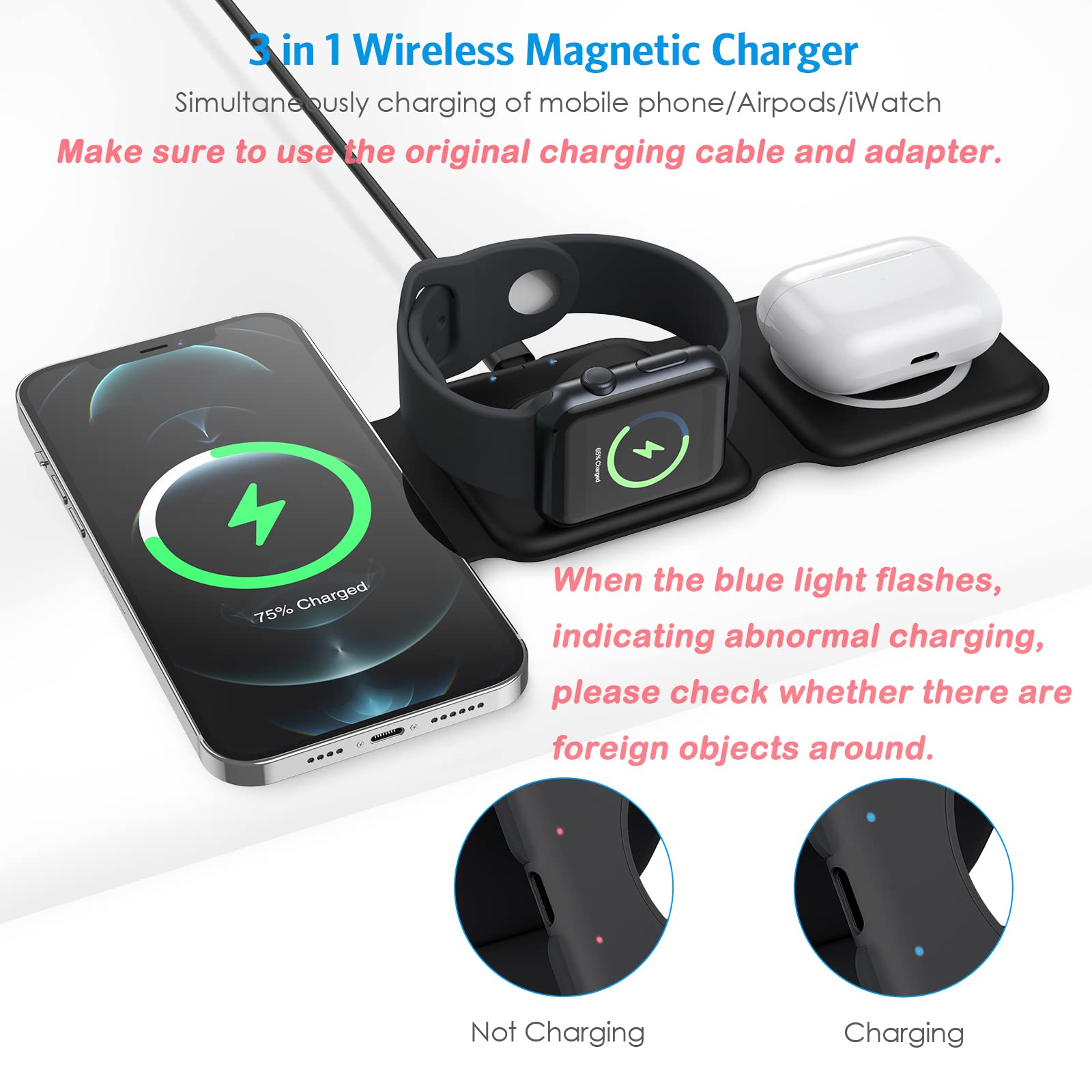 Criacr 3-in-1 Magnetic Wireless Charging Station - Fast Foldable Charger for iPhone 14/13/12 Series, Apple Watch & AirPods Pro (Black) | Perfect for Home, Office & Travel | No Adapter Included