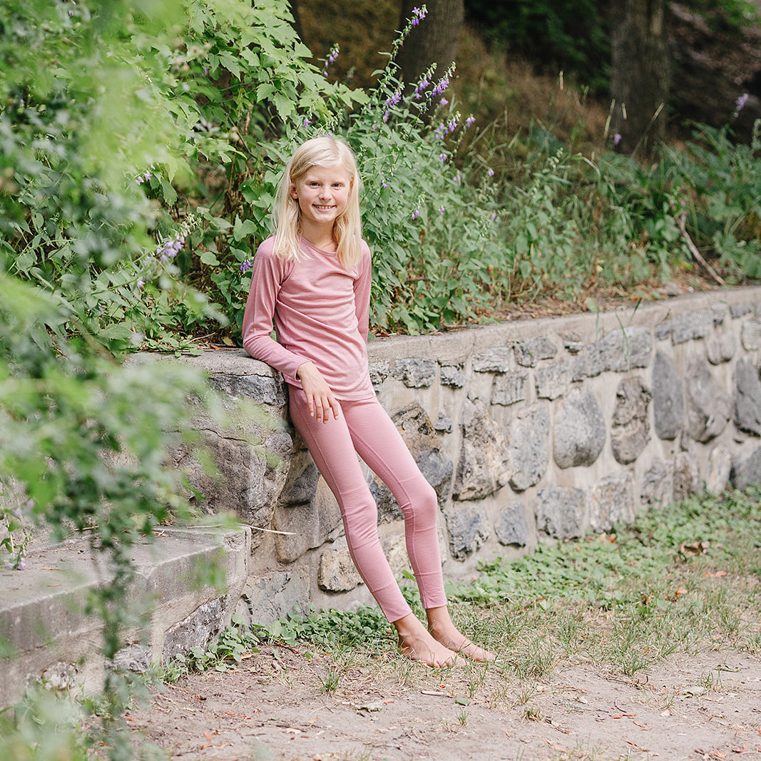 Kids Merino Wool Base Layer & Leggings - Soft Thermal Underwear Set for Girls, Blush Pink | Perfect for Winter, Skiing & Outdoor Activities