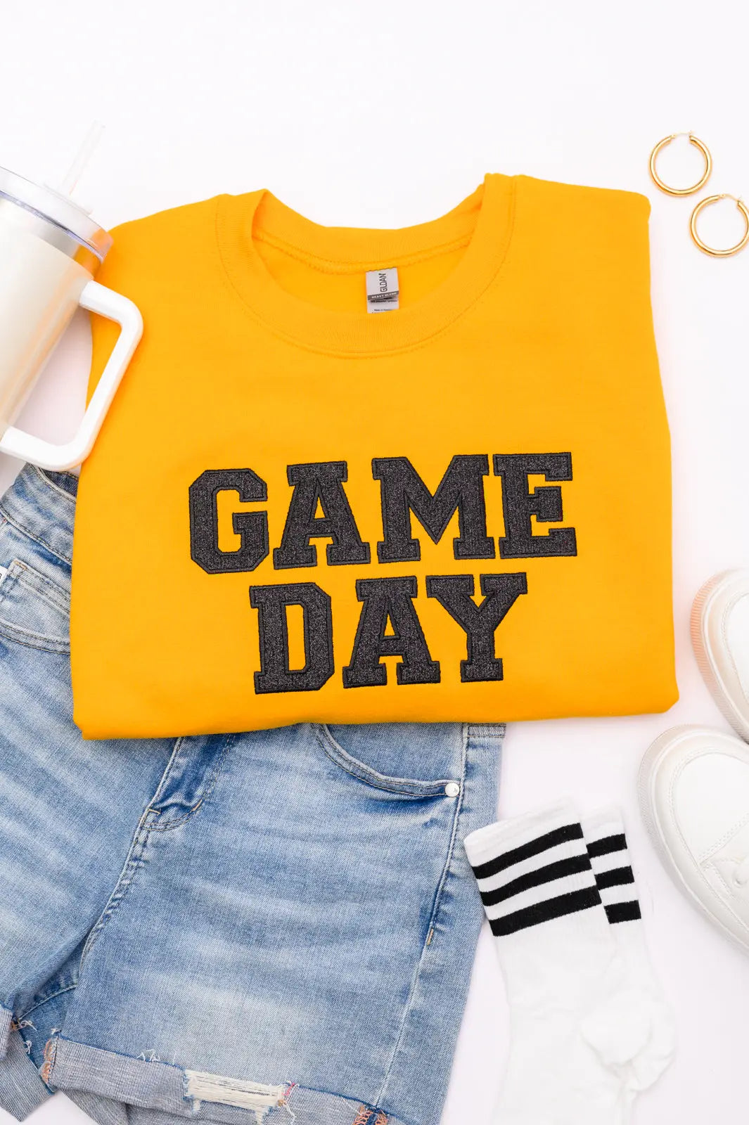 PREORDER: Embroidered Glitter Game Day Sweatshirt - Gold & Black | Women's Sports Fan Apparel for Football, Basketball & Tailgating Parties