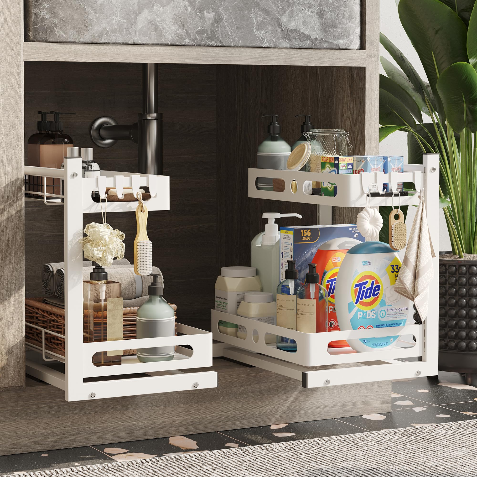 NETEL 2-Pack Under Sink Organizers - Metal Pull-Out Cabinet Storage with 4 Hooks, Kitchen Cupboard Shelf & Sliding Drawers for Bathroom - Perfect for Small Space Organization in Kitchens, Bathrooms & Laundry Rooms