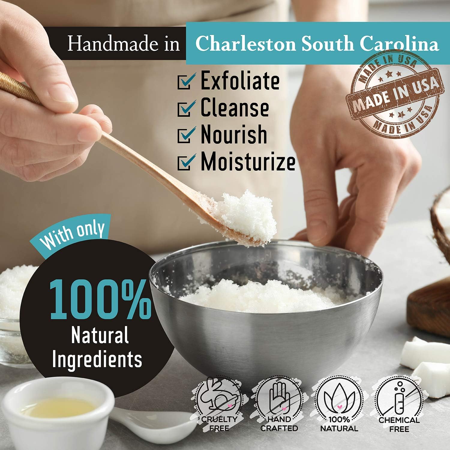 Exfoliating Body Scrub with Dead Sea Salt & Coconut Oil - Hydrating Moisturizing Skin Care Gift Set with Wooden Bowl (16 fl oz) - Perfect for Spa Day, Dry Skin Treatment & Self-Care Routine