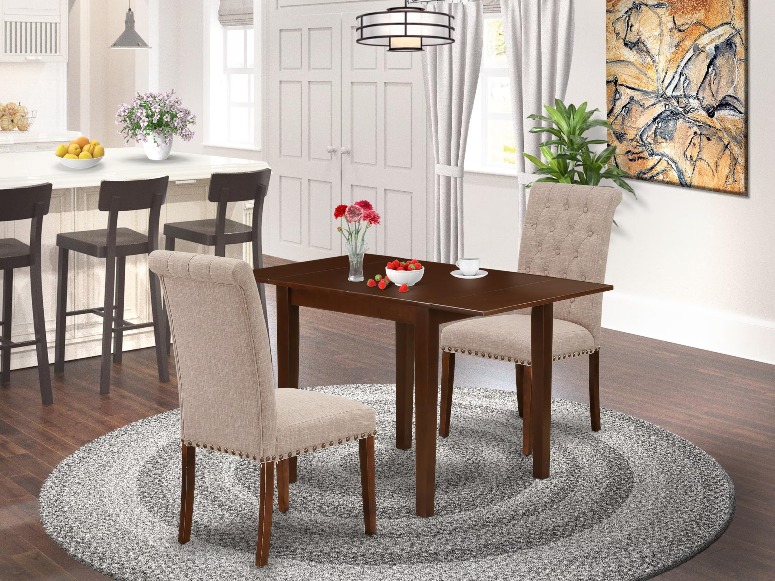 East West Furniture 3-Piece Dining Set with Drop-Leaf Table & 2 Upholstered Chairs - 30x48 Inch Mahogany Finish for Small Spaces, Apartments, Breakfast Nooks & Compact Dining Rooms
