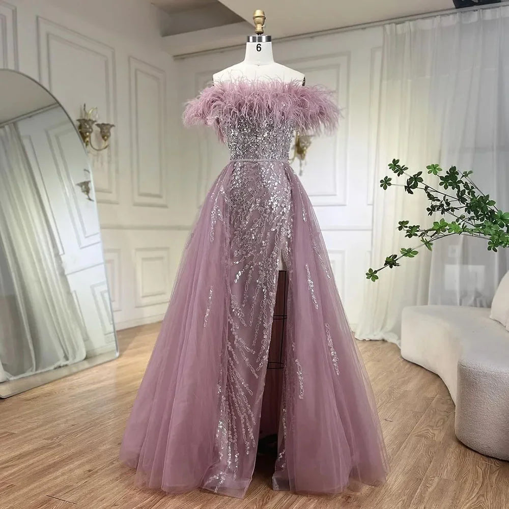 Serene Hill Blue Diamond Feather Mermaid Elegant Evening Dress with Overskirt - Women's Formal Gown for Wedding, Party & Special Occasions 2025 | LA72061