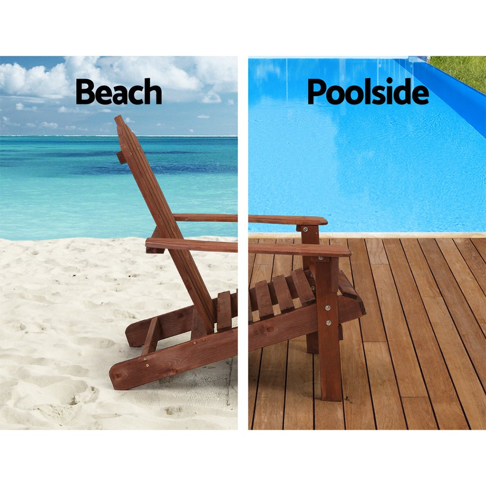 3-Piece Adirondack Outdoor Table and Chairs Set - Solid Wood Patio Furniture, Brown - Perfect for Beach, Garden, Deck, and Backyard Relaxation