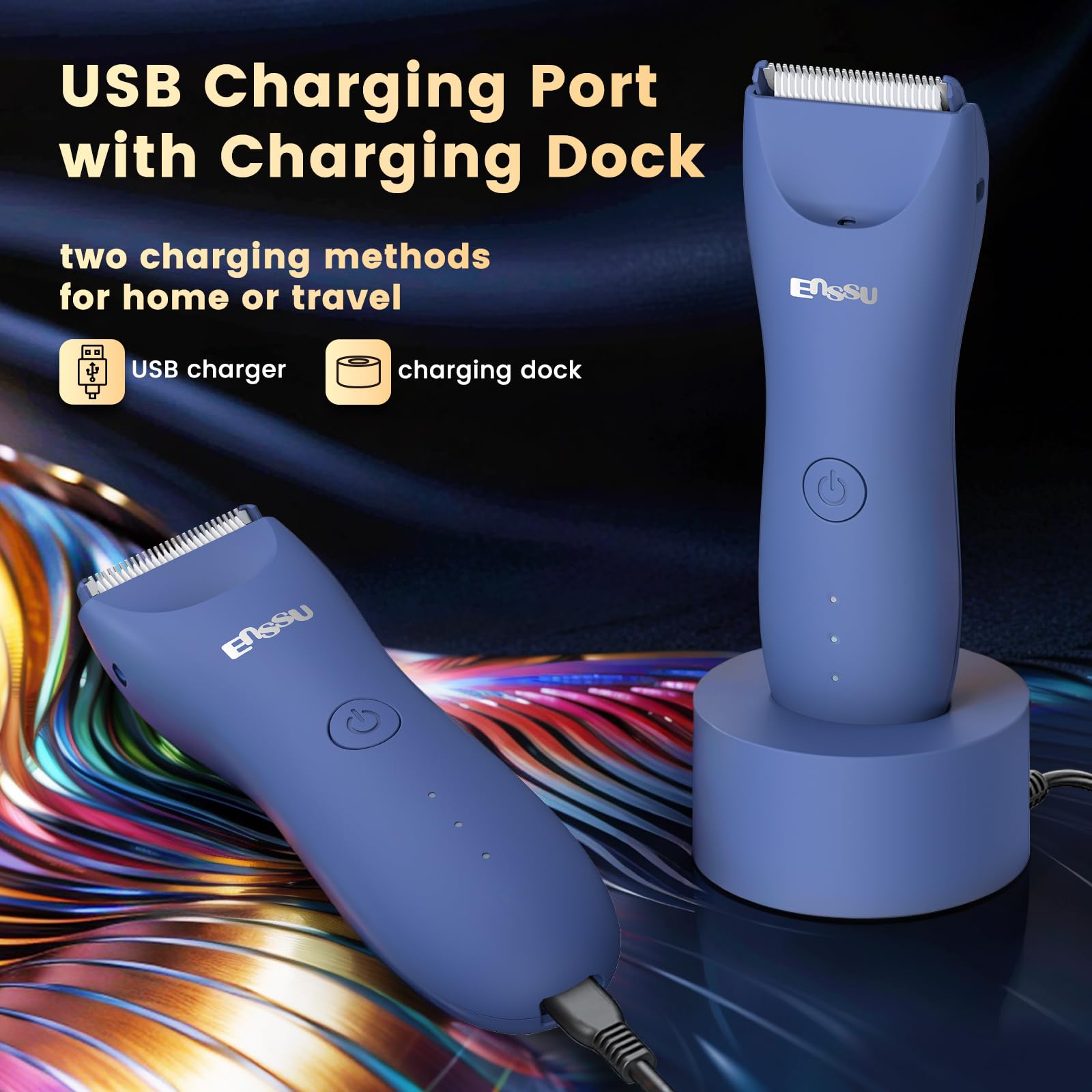 ENSSU Rechargeable Men's Body Hair Trimmer with LED Light & Waterproof Design - Pubic, Chest & Ball Trimmer with Charging Dock & Indicator (Blue) - Perfect for Travel, Gym & Home Grooming