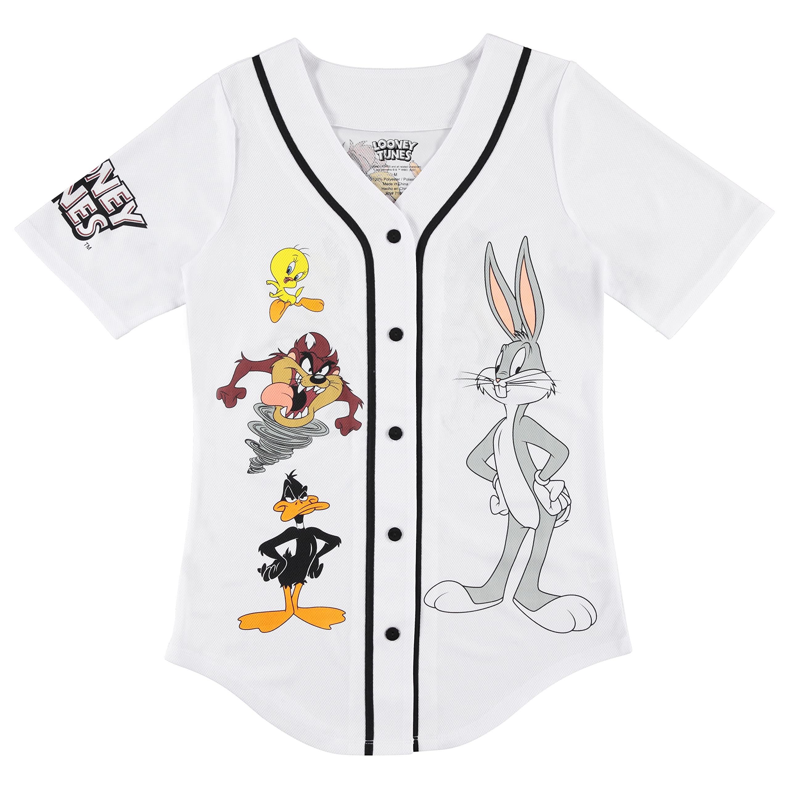 Looney Tunes Women's Baseball Jersey - Lola Bunny, Tweety, Bugs Bunny & Taz Graphic Button Down Mesh Shirt for Casual Wear & Sports Fans