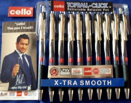 10 Pack Cello Topball Click Retractable Ballpoint Pens - Extra Smooth Fine Point (0.7mm) Black Ink for Office, School & Everyday Writing Needs