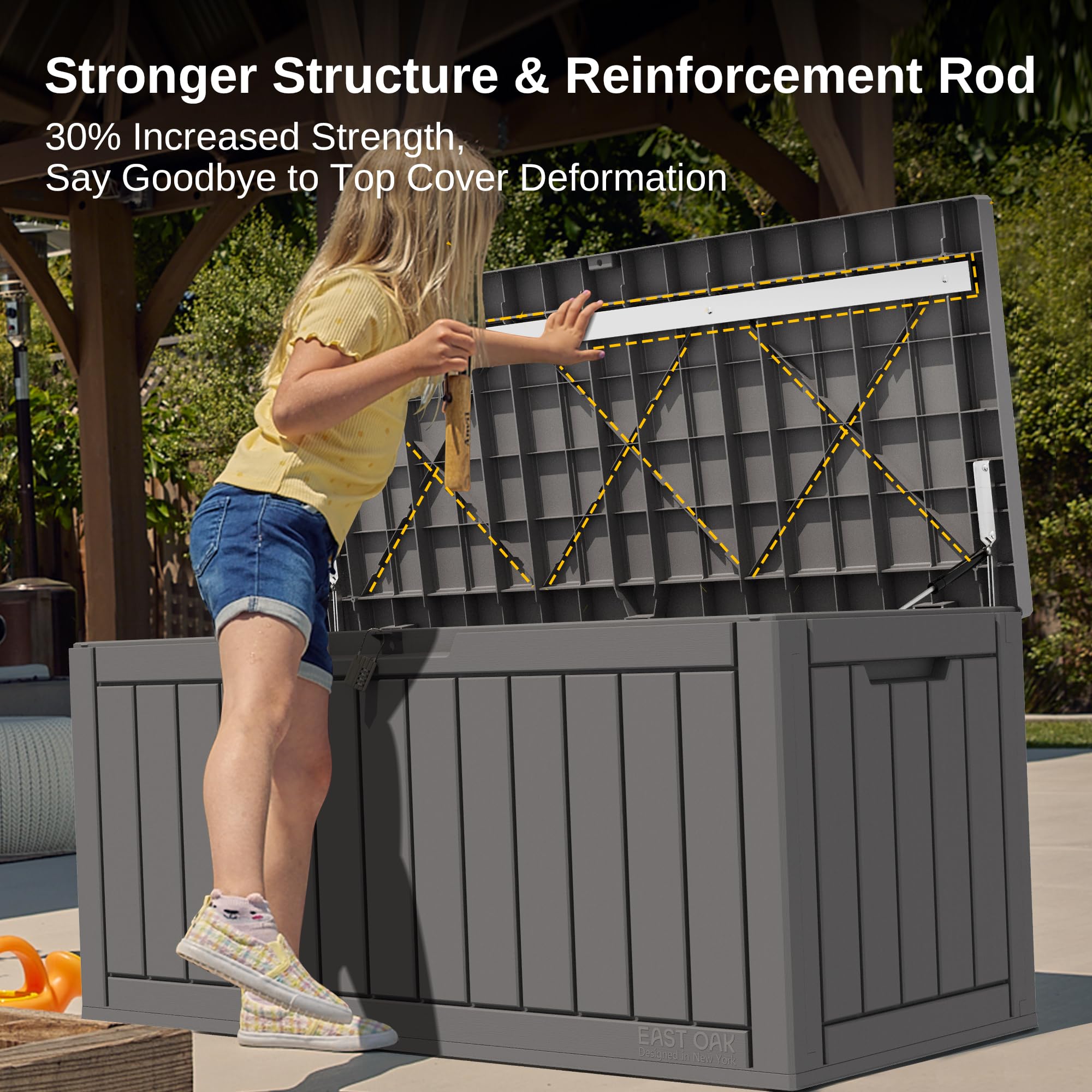 EAST OAK 90 Gallon Outdoor Storage Box - Waterproof Resin Deck Box with Lockable Lid, UV Resistant for Patio Furniture Cushions, Gardening Tools, Pool Toys | Perfect for Backyard, Garden & Poolside Organization (Grey)