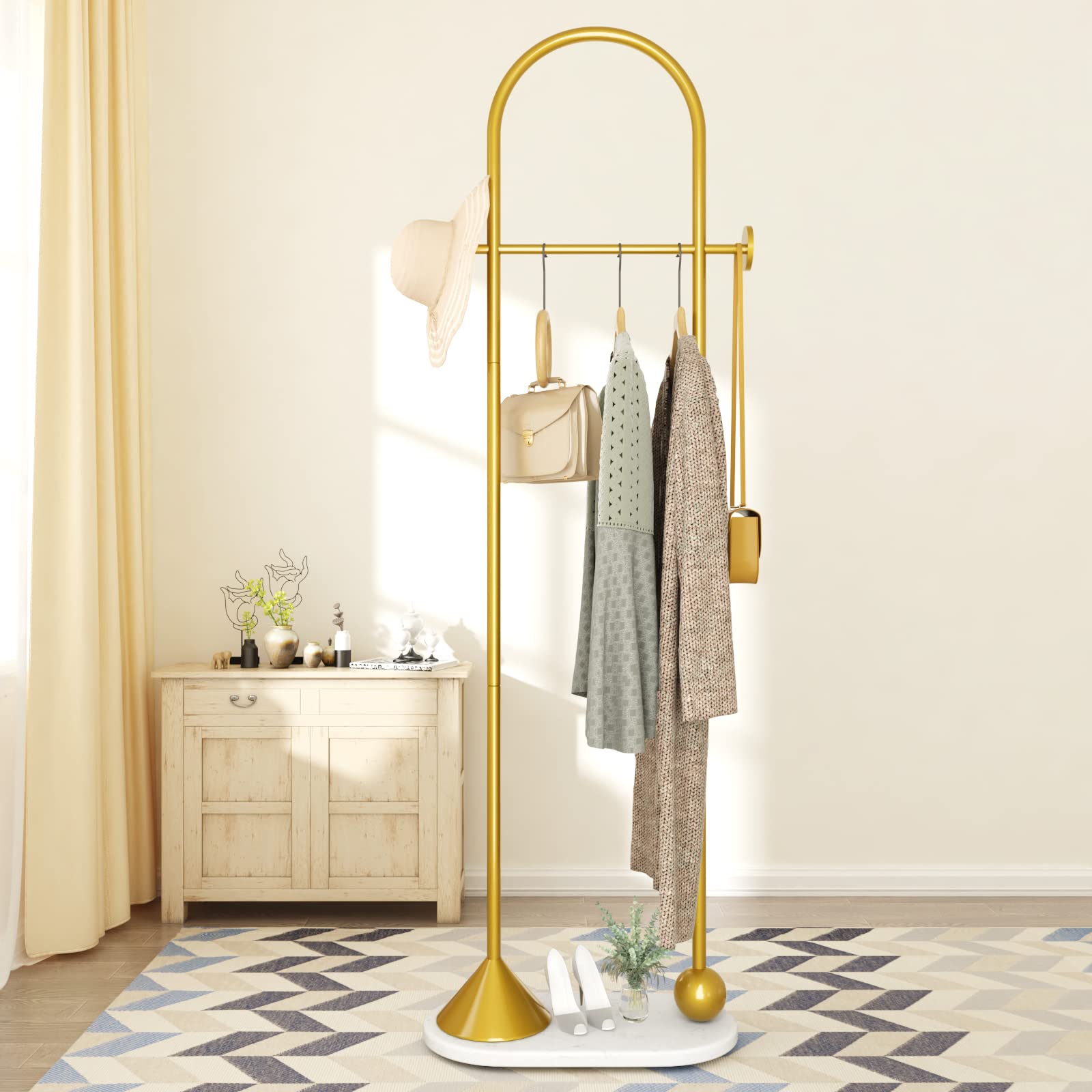 TIEOU Freestanding Metal Gold Coat Rack - Modern Entryway Stand for Hats, Jackets & Clothing | Perfect for Small Spaces, Apartments & Home Organization