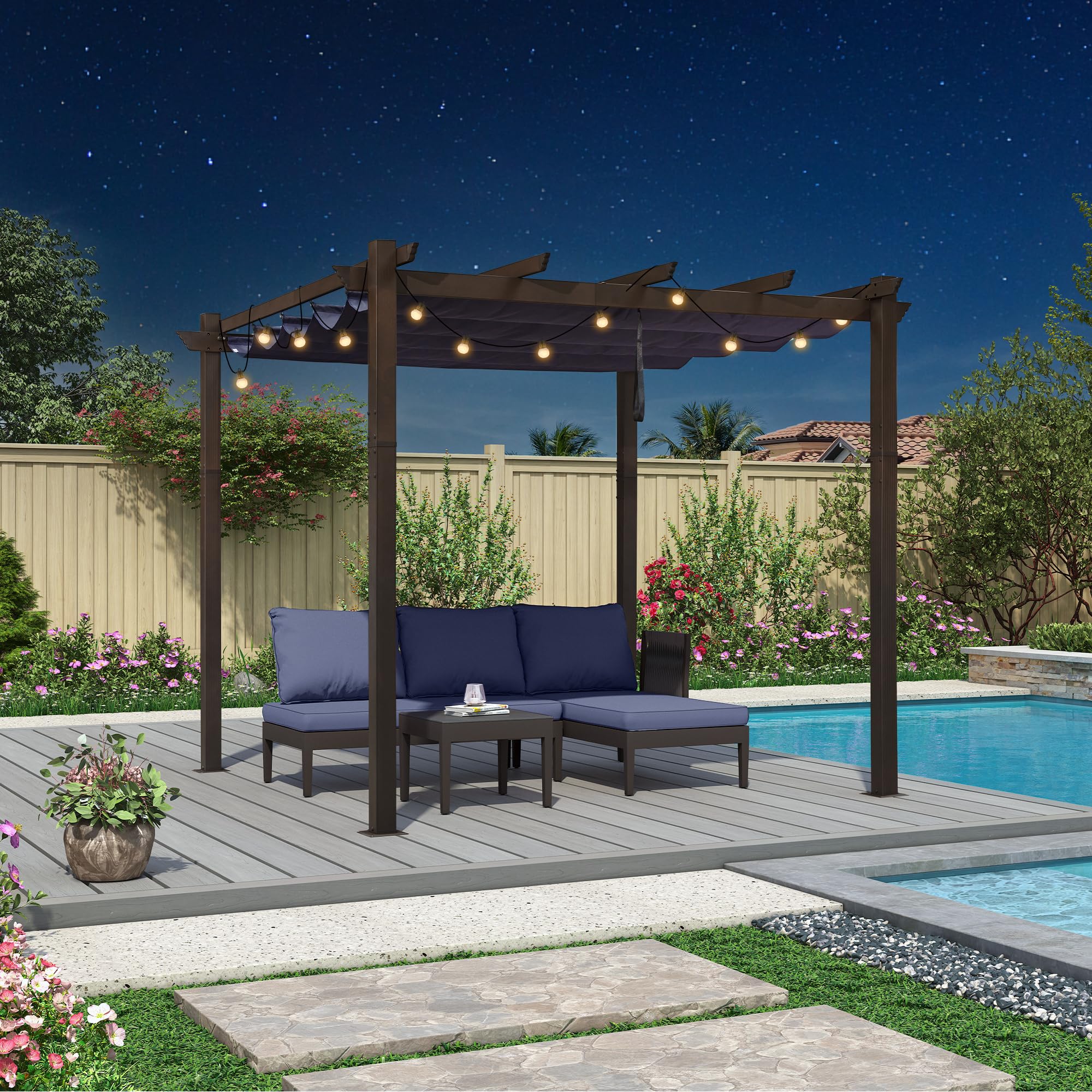PURPLE LEAF 10x10 FT Retractable Aluminum Pergola with Sun Shade Canopy & 24FT String Lights - Modern Brown Outdoor Shelter for Patio, Garden, Deck (Grape/Navy Blue) | Perfect for Backyard Relaxation & Outdoor Entertaining