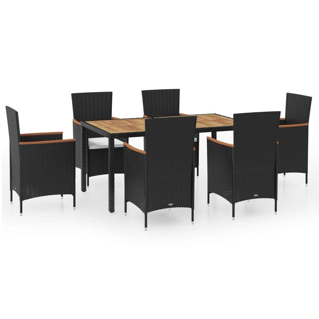 vidaXL 7-Piece Patio Dining Set with Wood Tabletop & Rattan Chairs - Black Poly Rattan Outdoor Furniture with Cushions | Perfect for Backyard, Garden, Poolside & Patio Dining