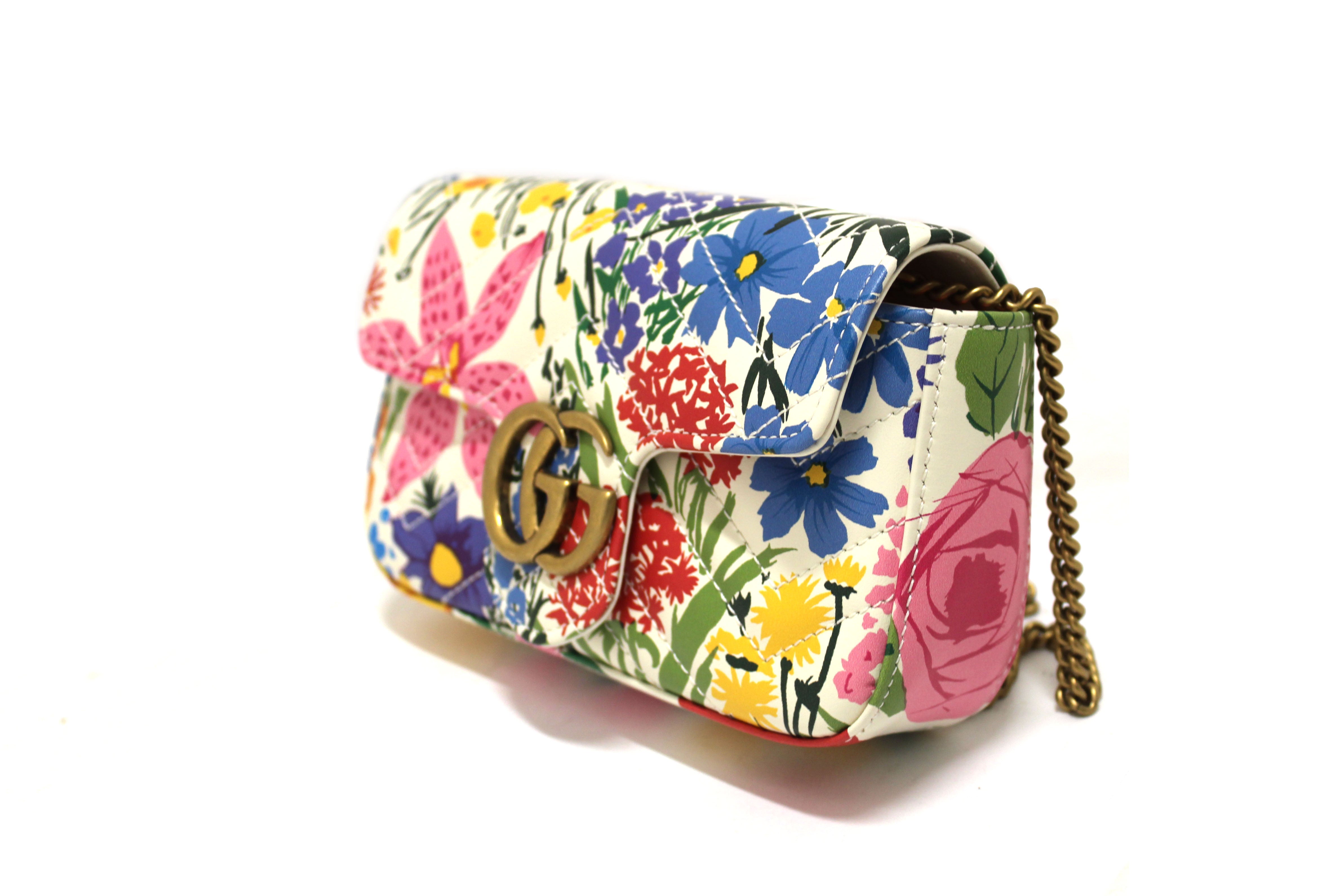 Authentic Gucci Limited Edition Ken Scott White Floral Marmont Matelasse Leather Super Mini Chain Bag 476433 | Luxury Designer Crossbody Purse for Women | Perfect for Parties, Weddings & Date Nights