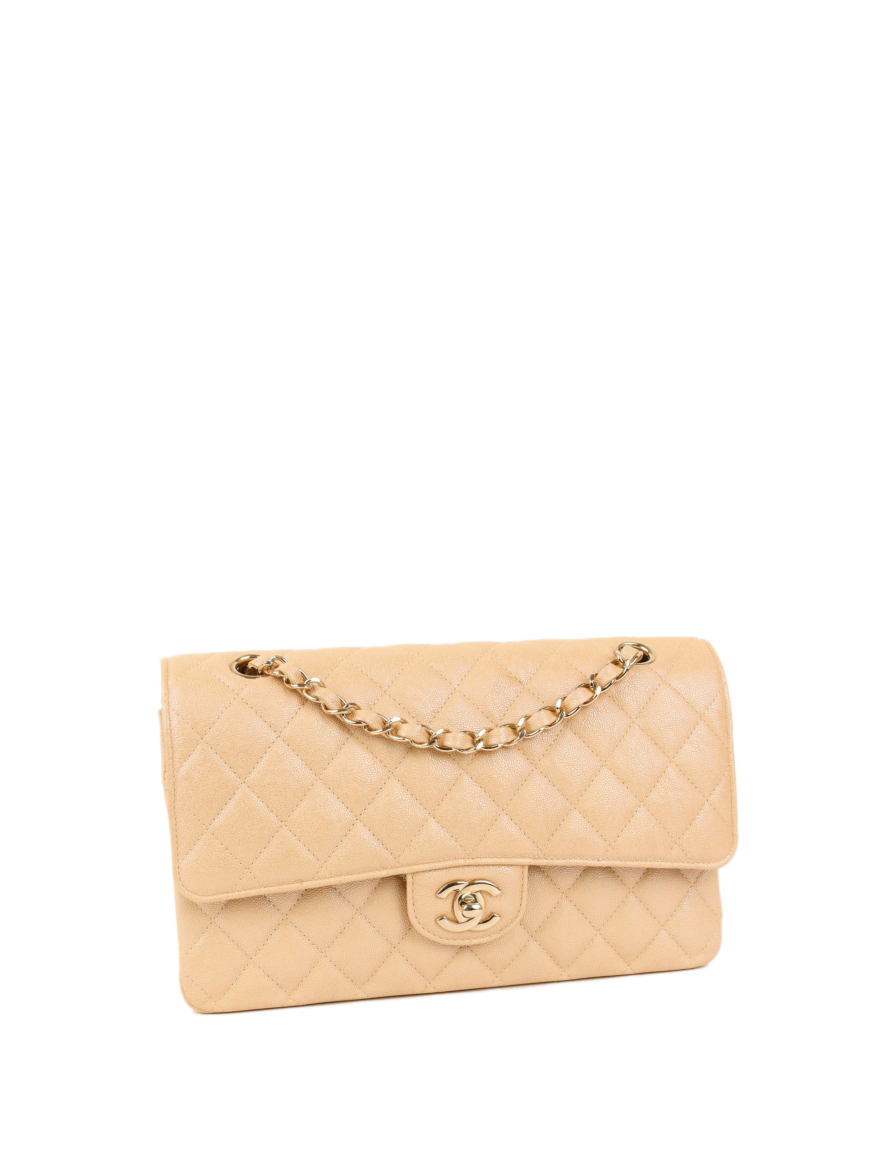 Chanel Iridescent Beige Caviar Medium Double Classic Flap Bag with Light Gold Hardware - Luxury Shoulder Bag for Women, Perfect for Parties, Weddings & Special Occasions