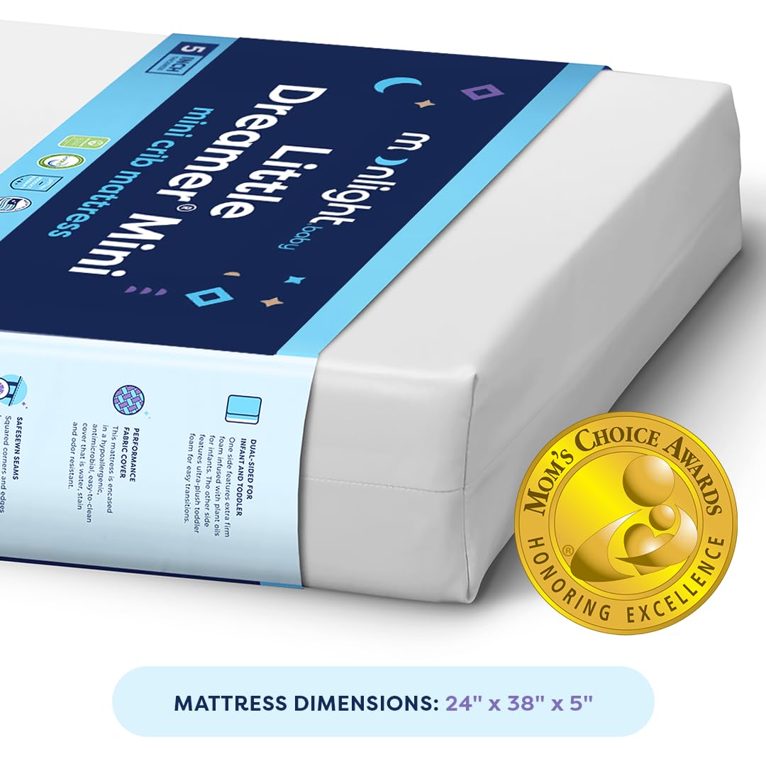 Moonlight Slumber Little Dreamer Mini Crib Mattress - Dual-Sided 2-Stage Baby & Toddler Mattress with Plush & Firm Layers, Waterproof Cover - 38