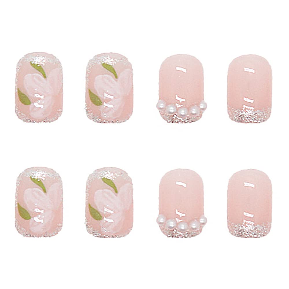 Pink Flower Press on Nails Short Fake Nails with White Pearl Design - Glossy Coffin Artificial Nails for Women & Girls (24PCS) - Perfect for Summer, Parties, Weddings & Everyday Wear