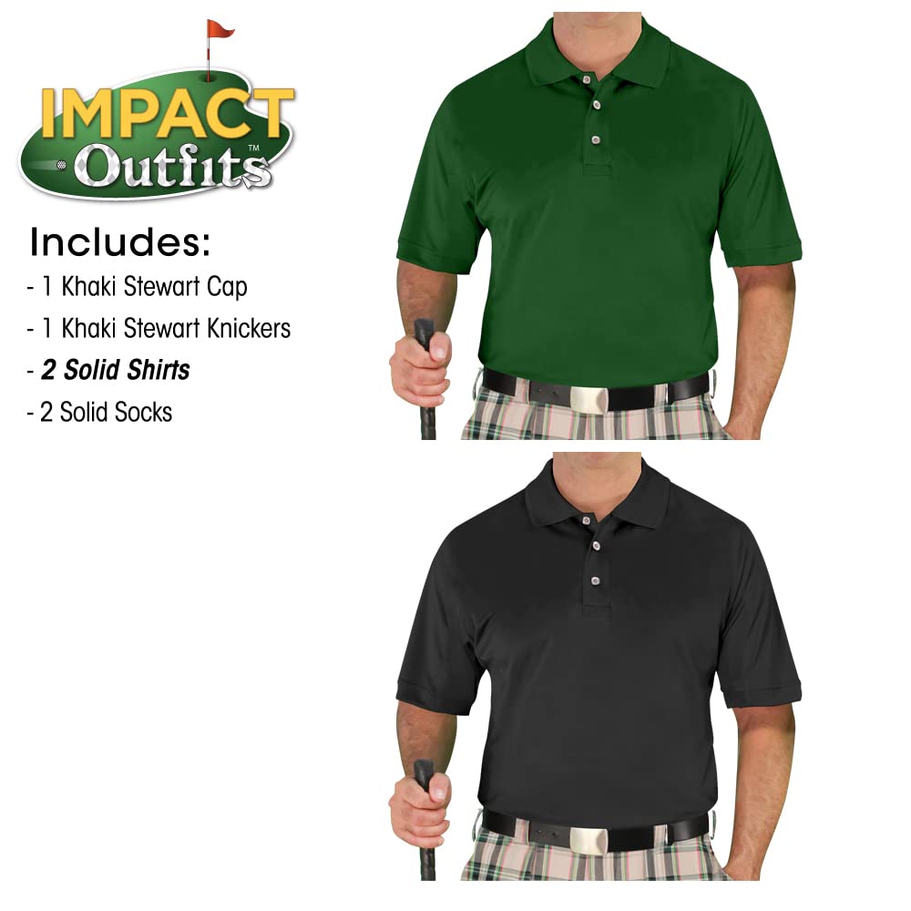 Impact Plaid Golf Outfits for Men - Khaki Stewart Tartan Pants & Shirt Set - Comfortable Stretch Fabric for Golf Course & Casual Wear