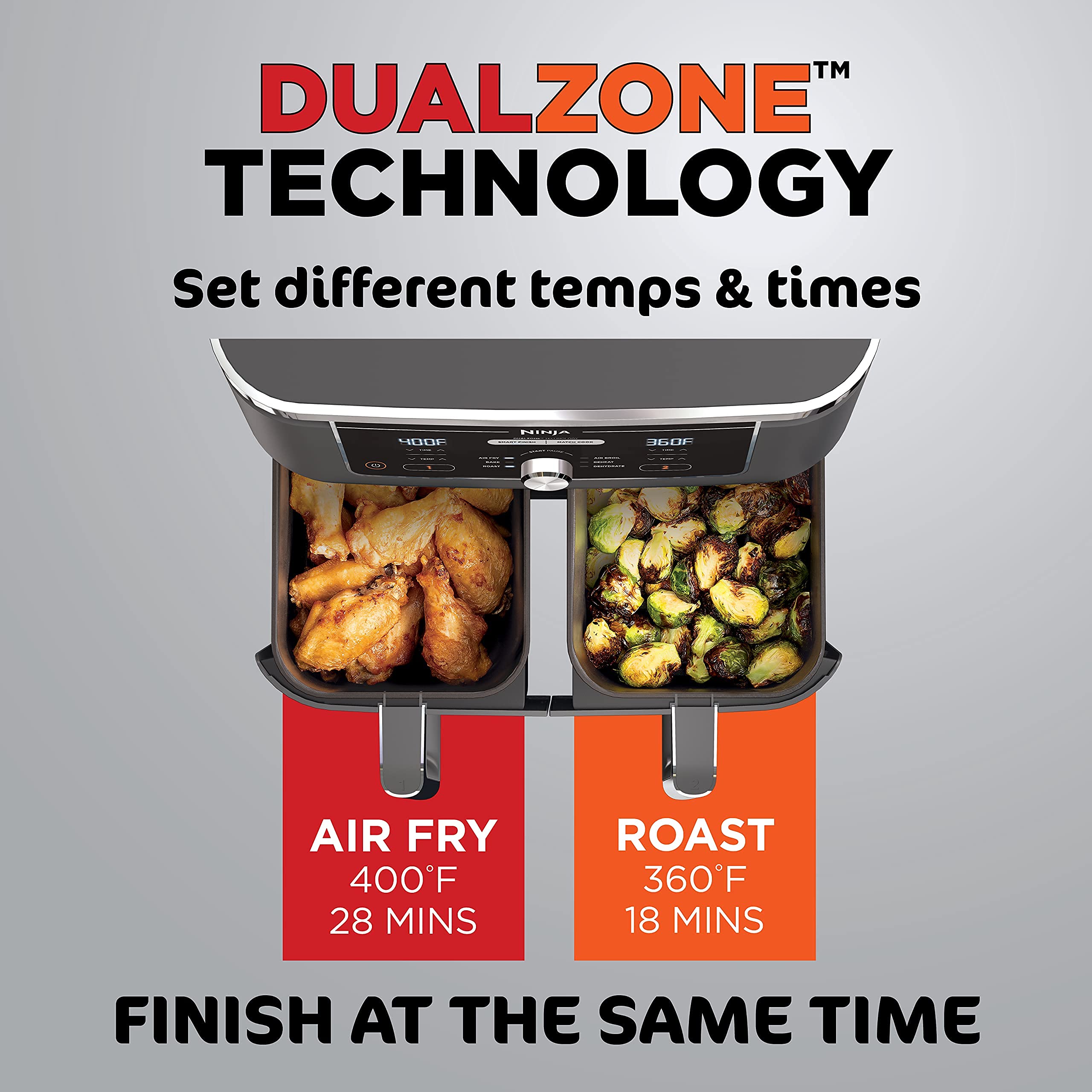 Ninja DZ401 Foodi 10 Quart 6-in-1 DualZone XL 2-Basket Air Fryer - 2 Independent Frying Baskets, Match Cook & Smart Finish Technology - Roast, Broil, Dehydrate - Quick & Healthy Cooking - Grey (Renewed) - Perfect for Family Dinners, Parties & Meal Prep
