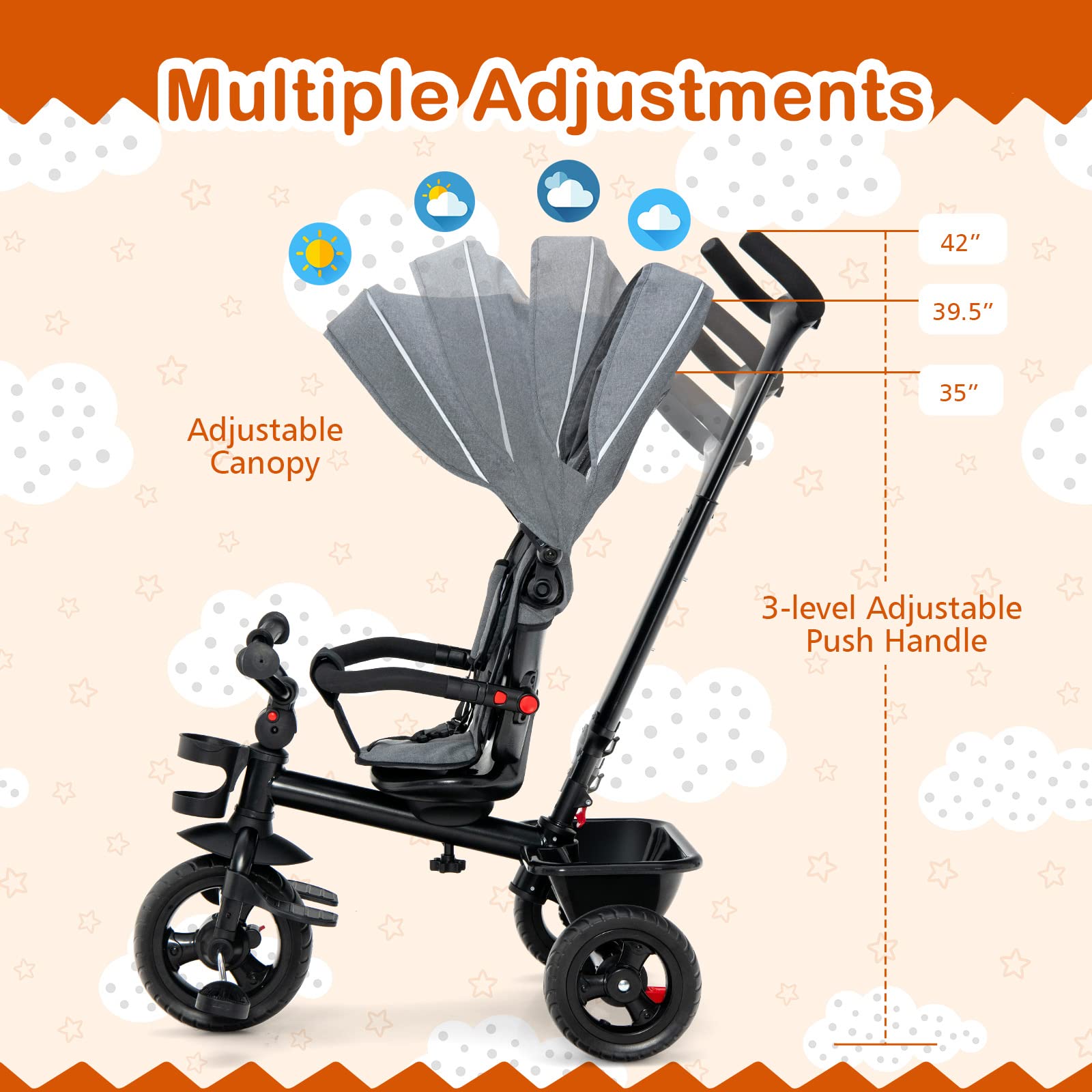 HONEY JOY 5-in-1 Adjustable Baby Tricycle Stroller with Canopy & Push Handle - Reversible Seat, EVA Wheels, Cup Holder & Storage Basket - Toddler Trike for Kids Ages 1.5-5 Years (Gray) - Perfect for Outdoor Walks, Park Visits & Neighborhood Rides
