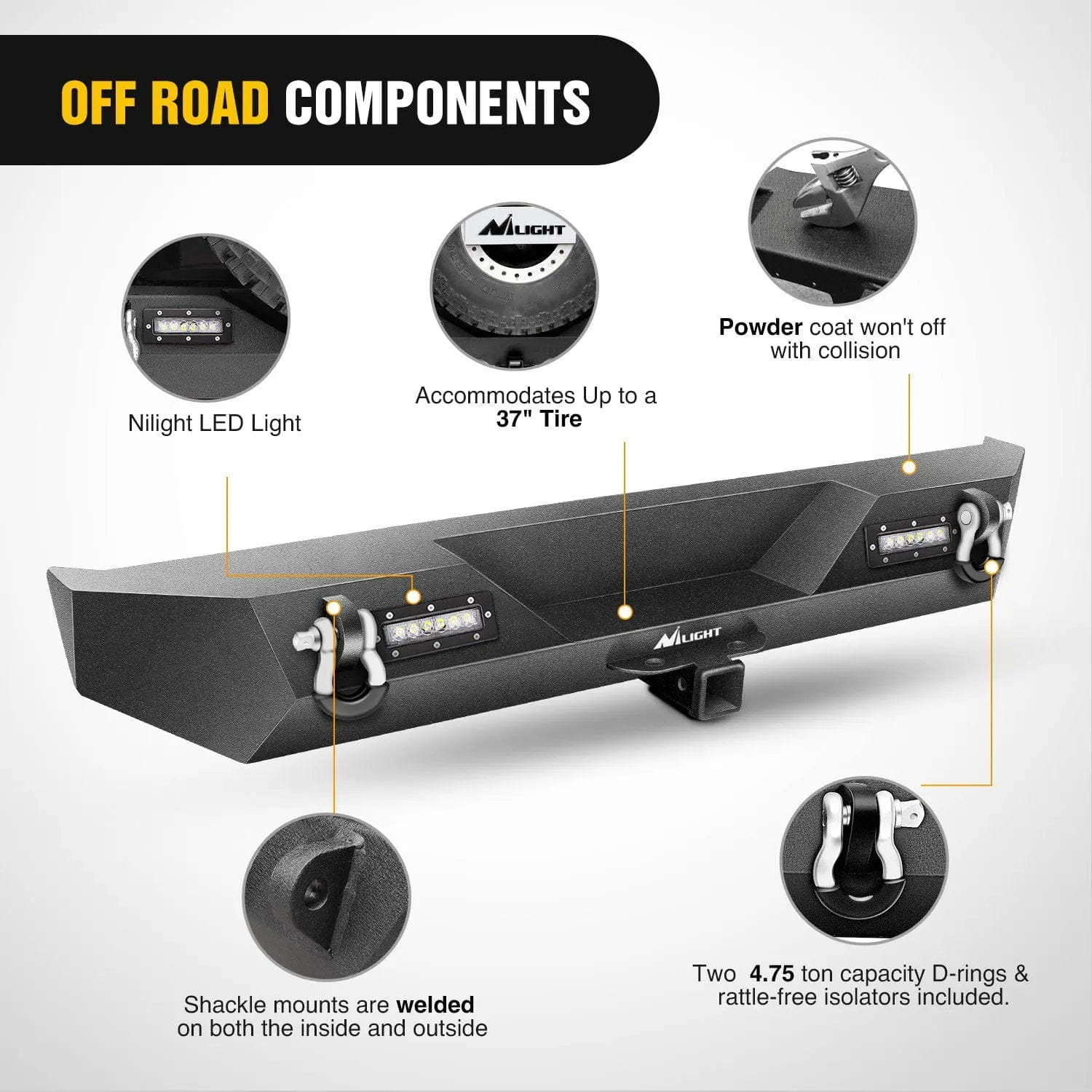 Jeep Wrangler TJ YJ Rear Bumper with Hitch Receiver & 40W LED Lights - Heavy Duty Rock Crawler Bumper for Off-Road (Fits 1987-2006 Models) - Perfect for Trail Riding, Rock Crawling & Adventure Camping