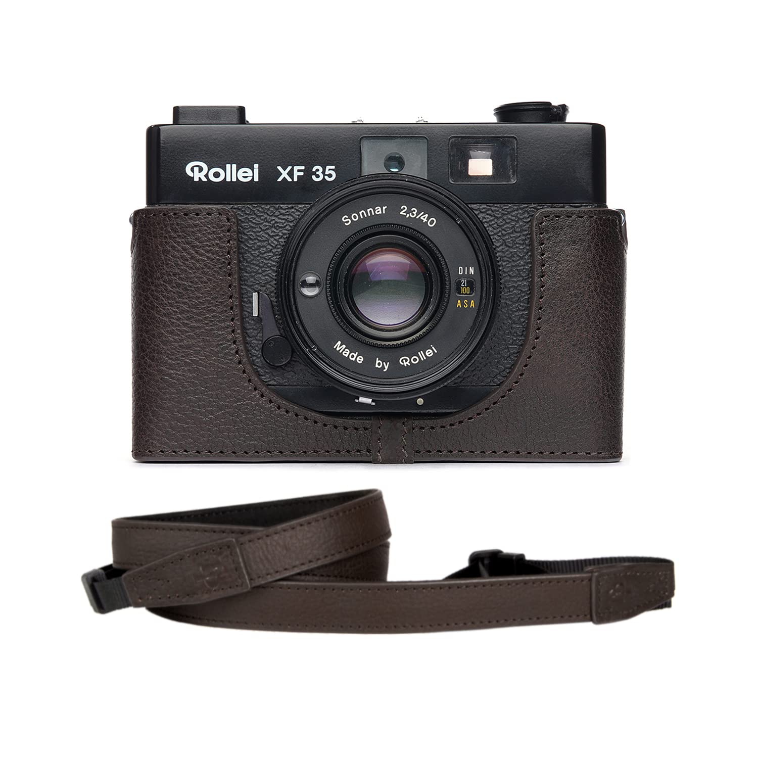 Genuine Leather Half Camera Case Cover for Rollei XF35 & Voigtlander VF135 - Handcrafted TP Bag with Adjustable Shoulder Strap (Coffee Brown) - Perfect for Travel, Street Photography & Camera Protection